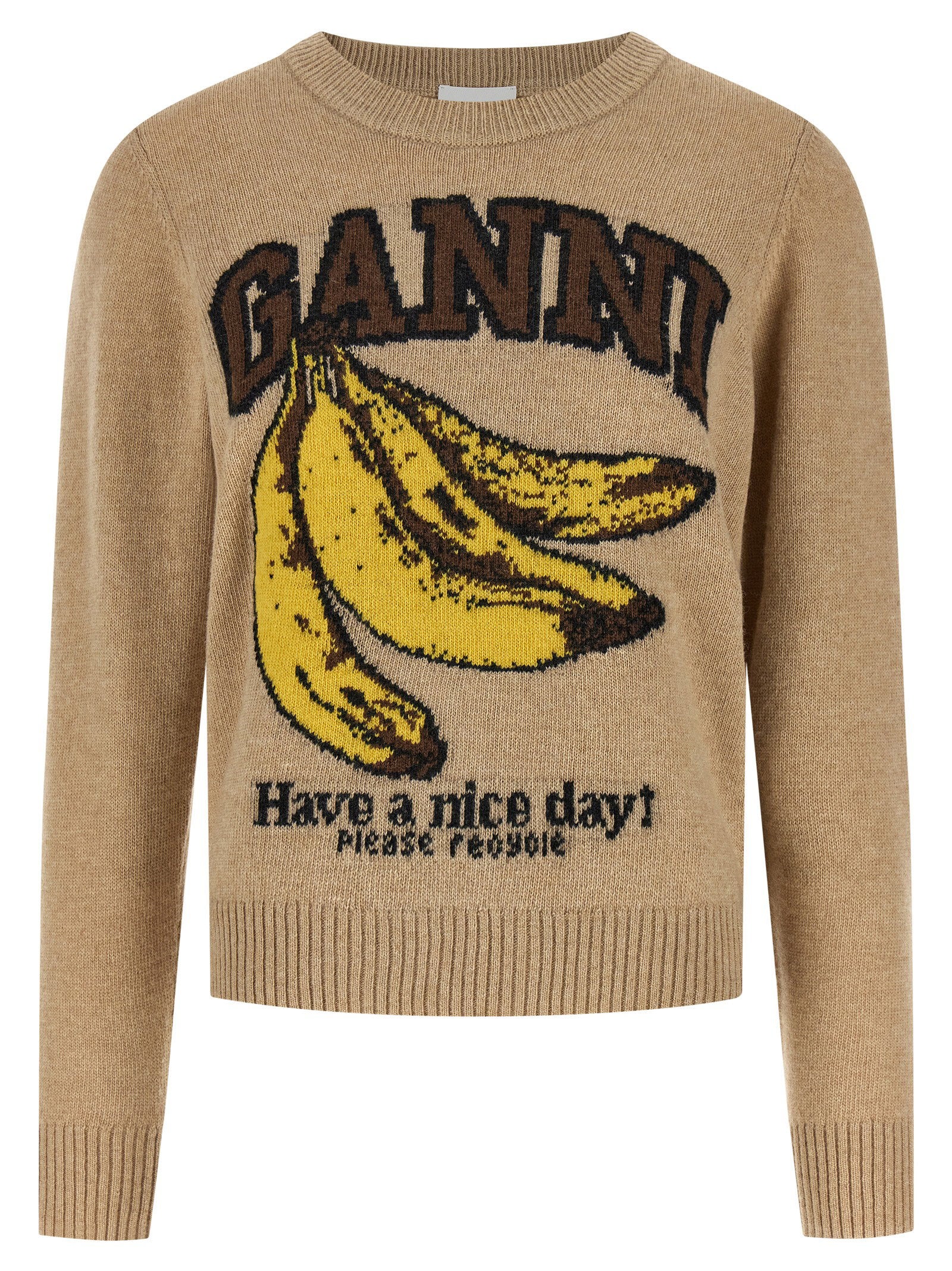 Banana-Graphic Intarsia Knit Sweater — Beige