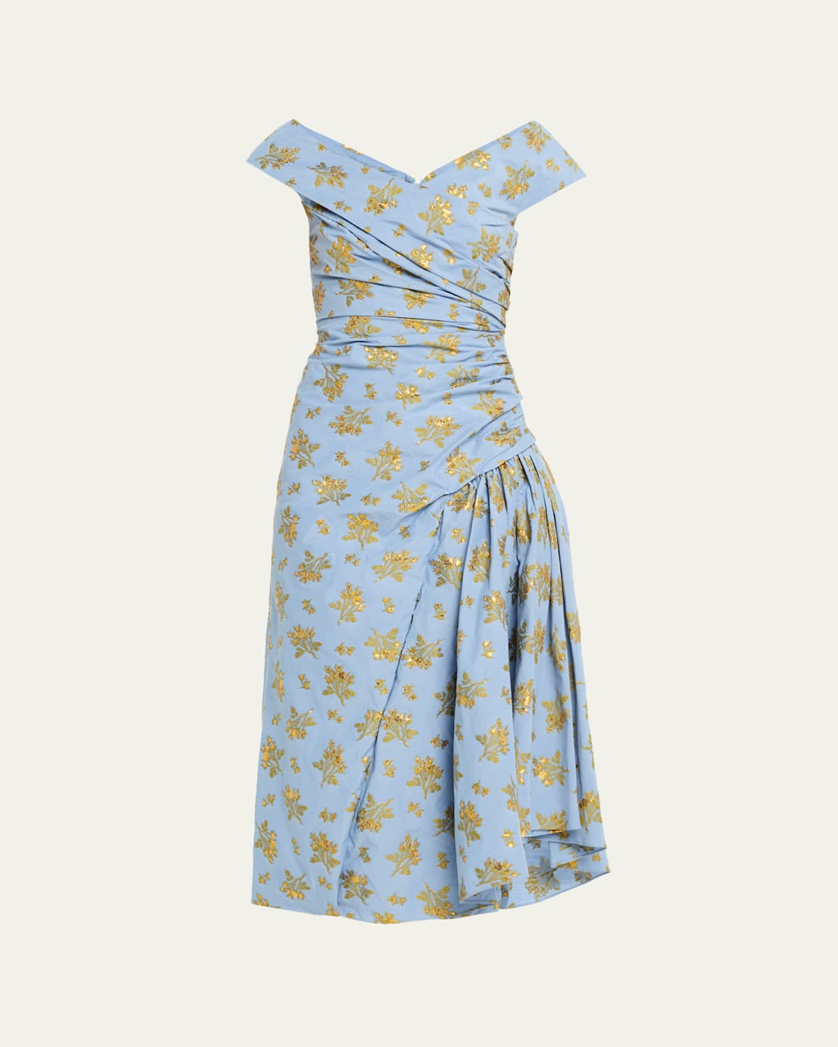 Metallic Floral Fil Coupe Draped V-Neck Midi Dress