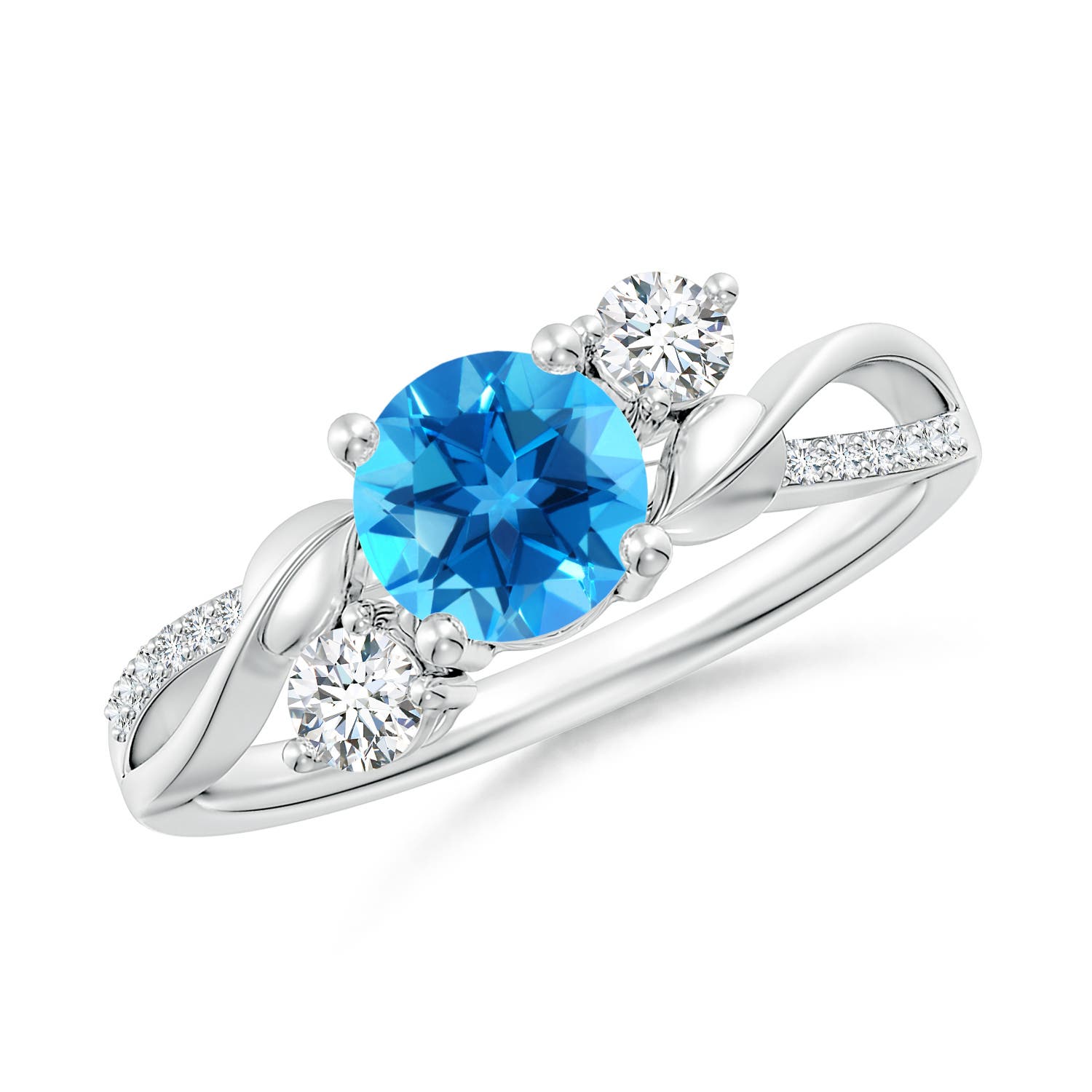Angara 0.95 Carat Swiss Blue Topaz and Diamond Twisted Vine Ring in Platinum