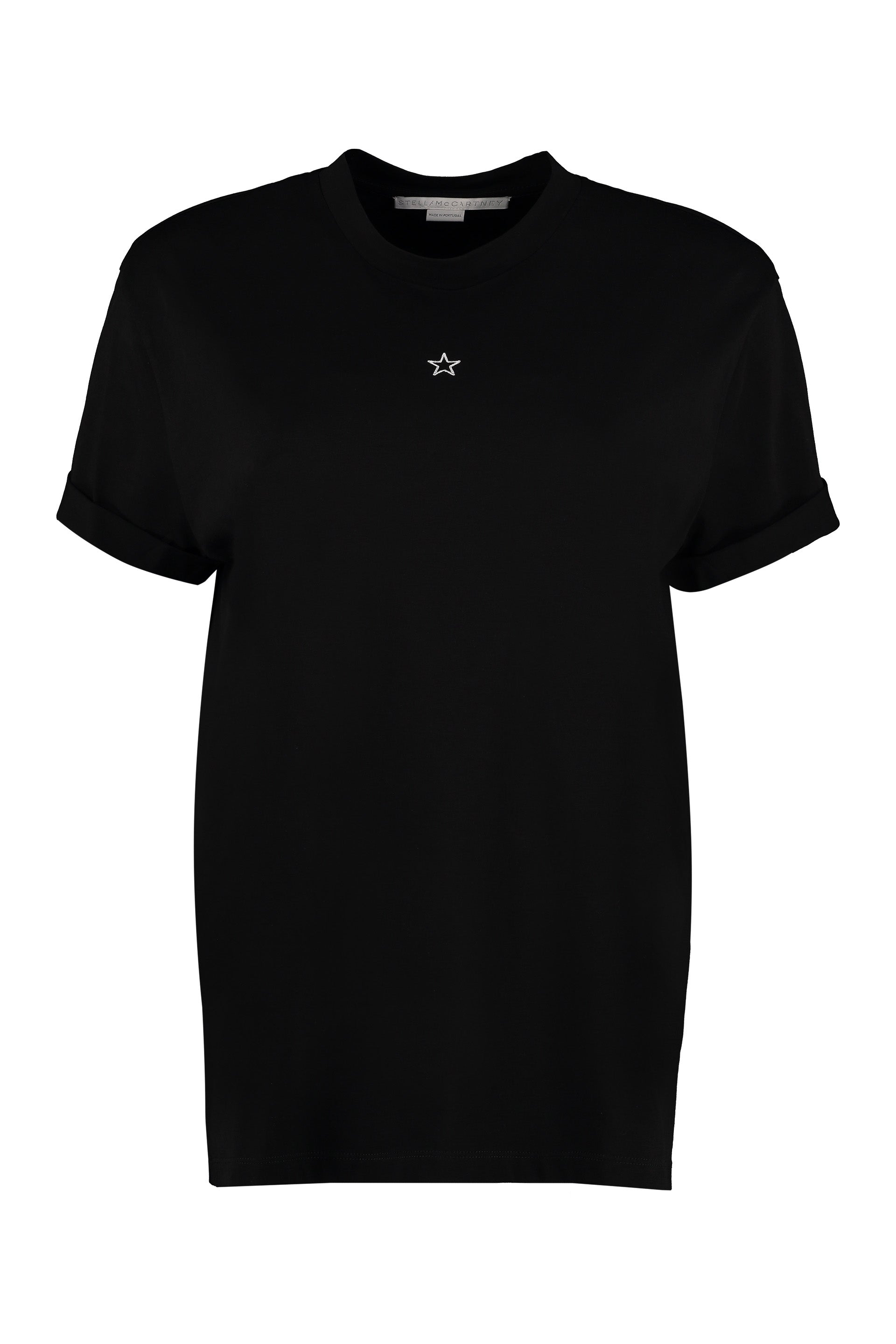 Embroidered Star Detail Cuffed Sleeve Cotton T-Shirt