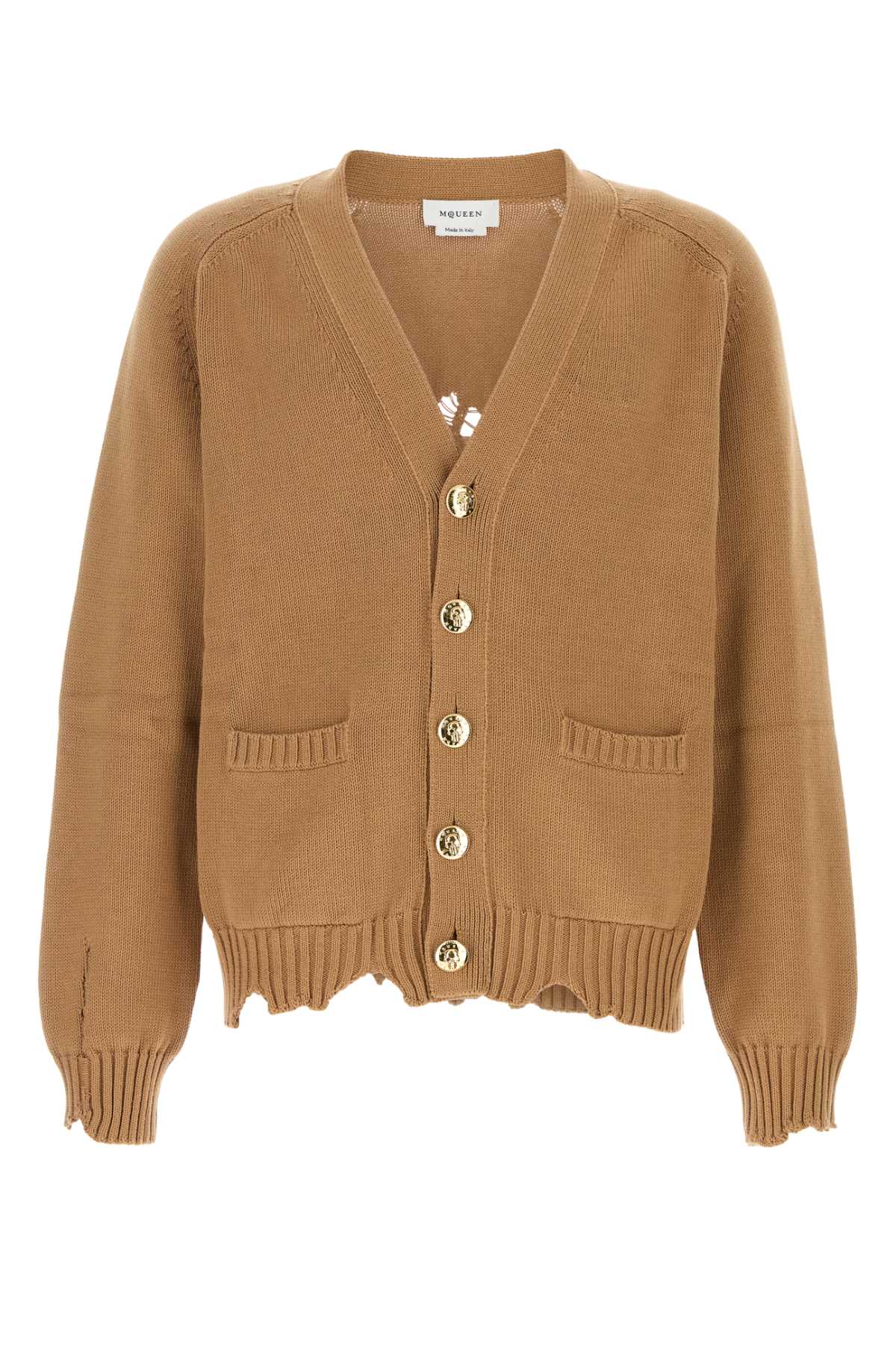Distressed Cotton Cardigan — Beige