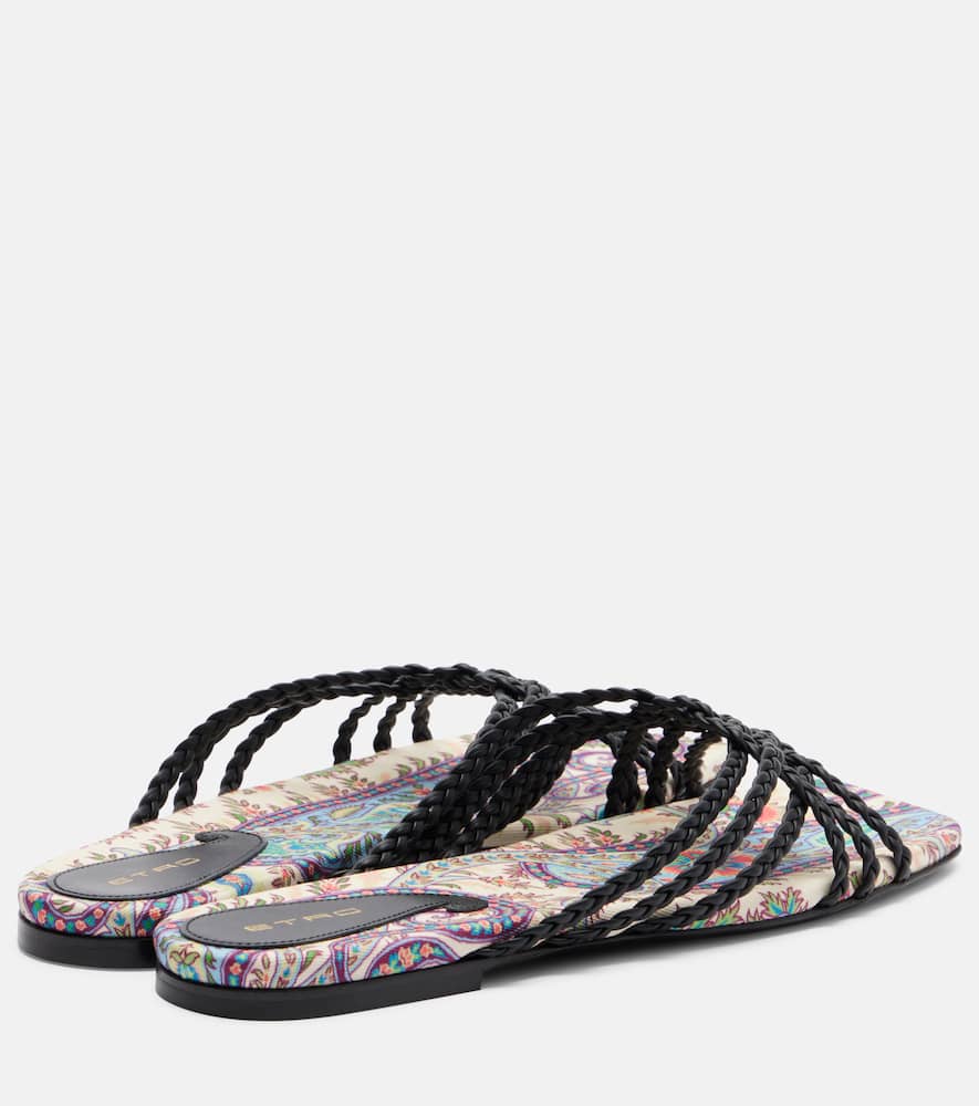 Canvas-trimmed printed leather slides