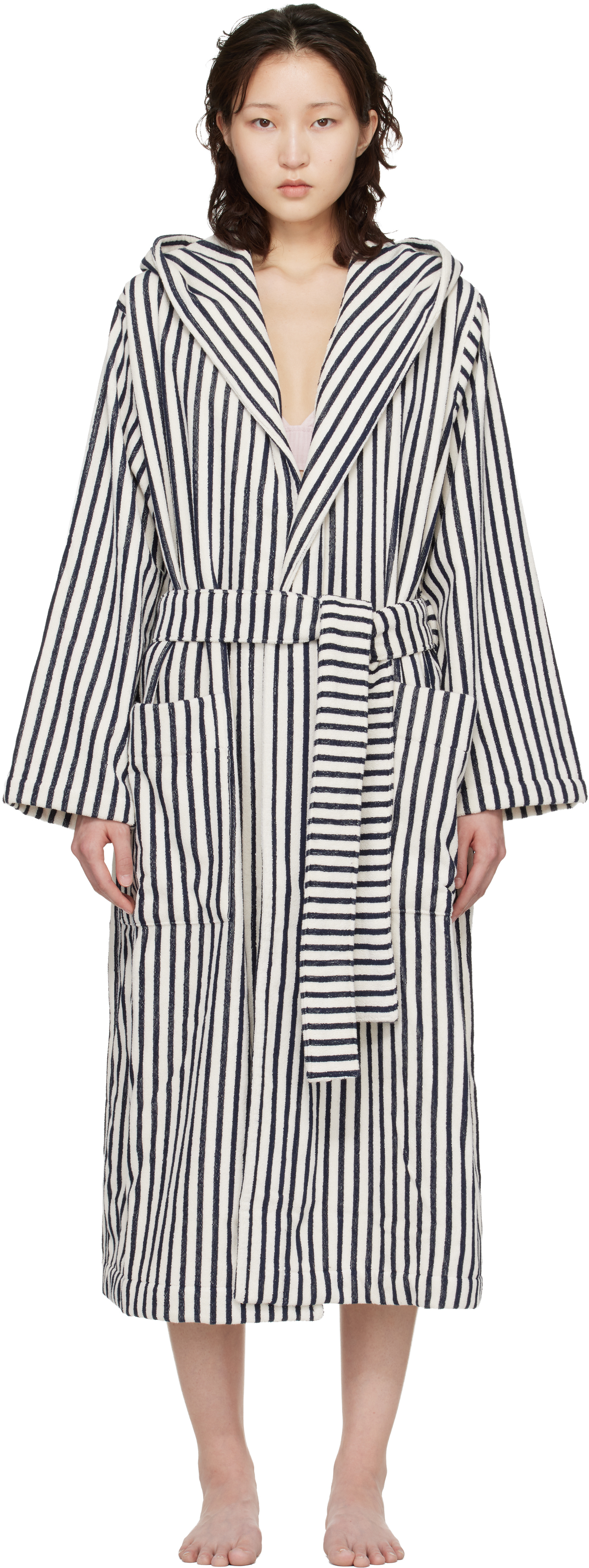 White & Navy Terry Hooded Bathrobe