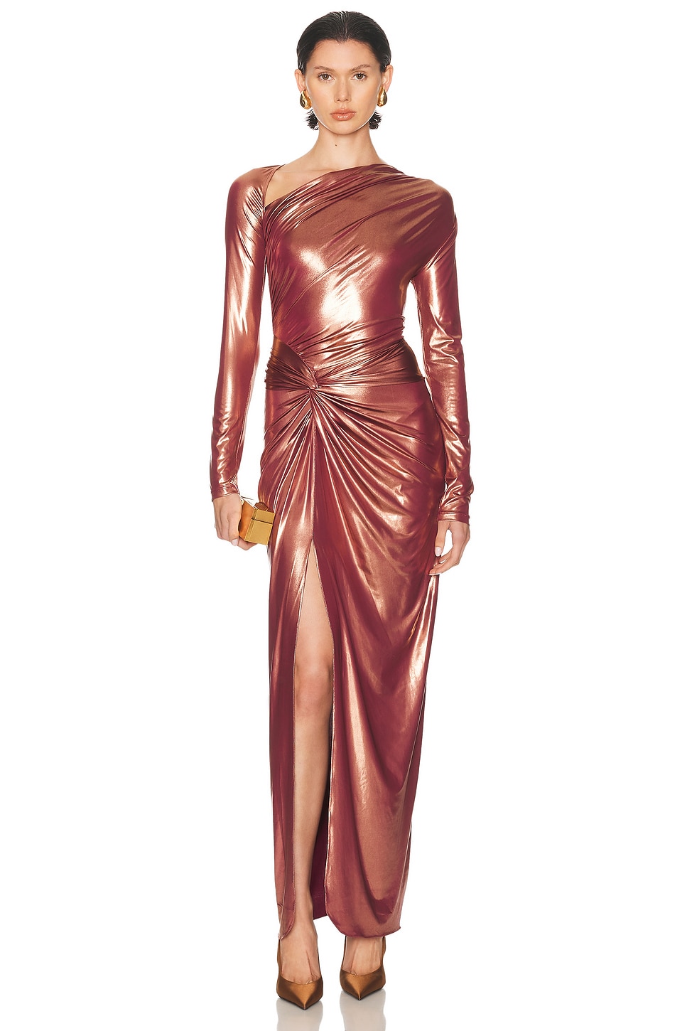 Lapointe Coated Jersey Asymmetric Draped Sarong Dress in Clay - Rose.  XS also in L