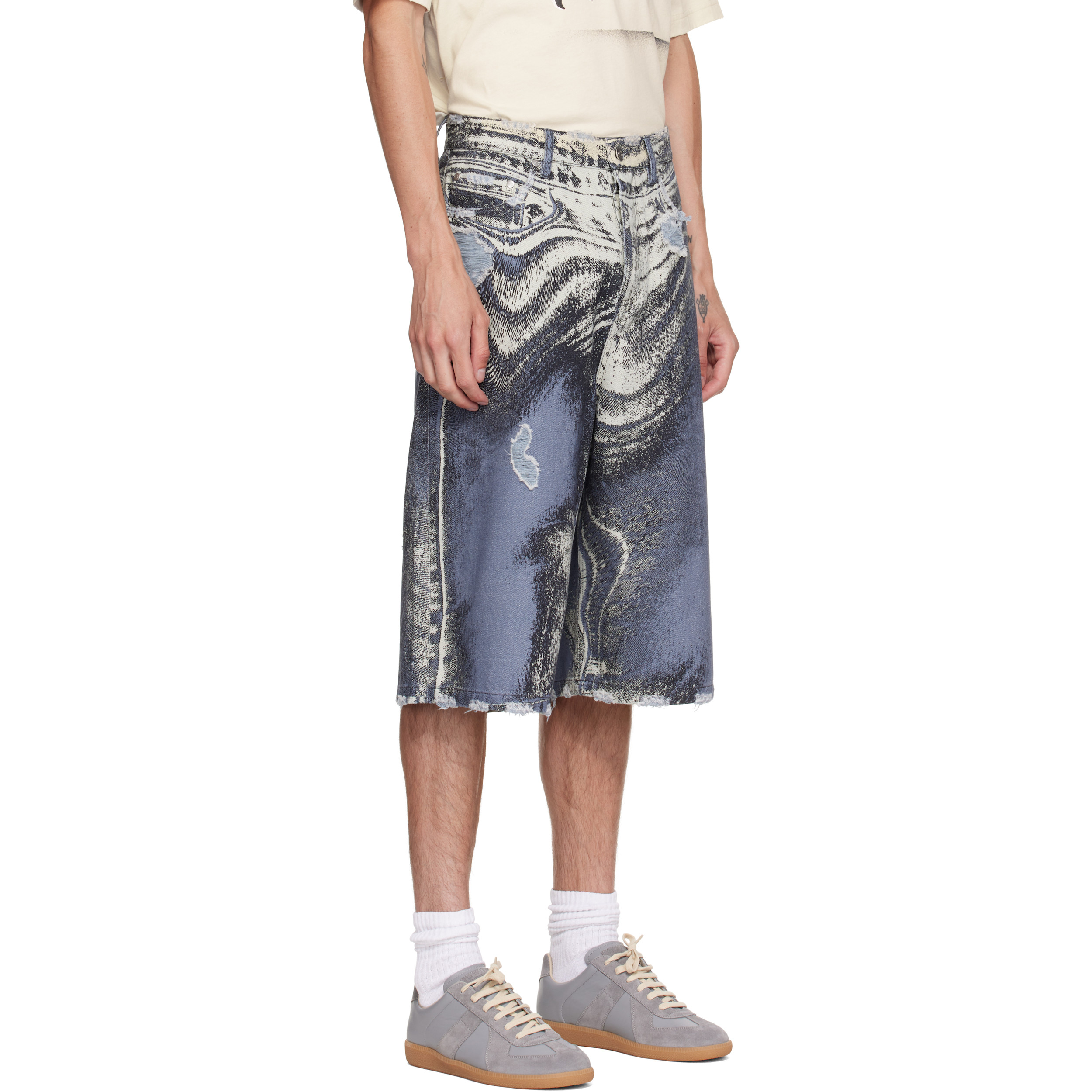 Blue Distorted Print Distressed Denim Shorts