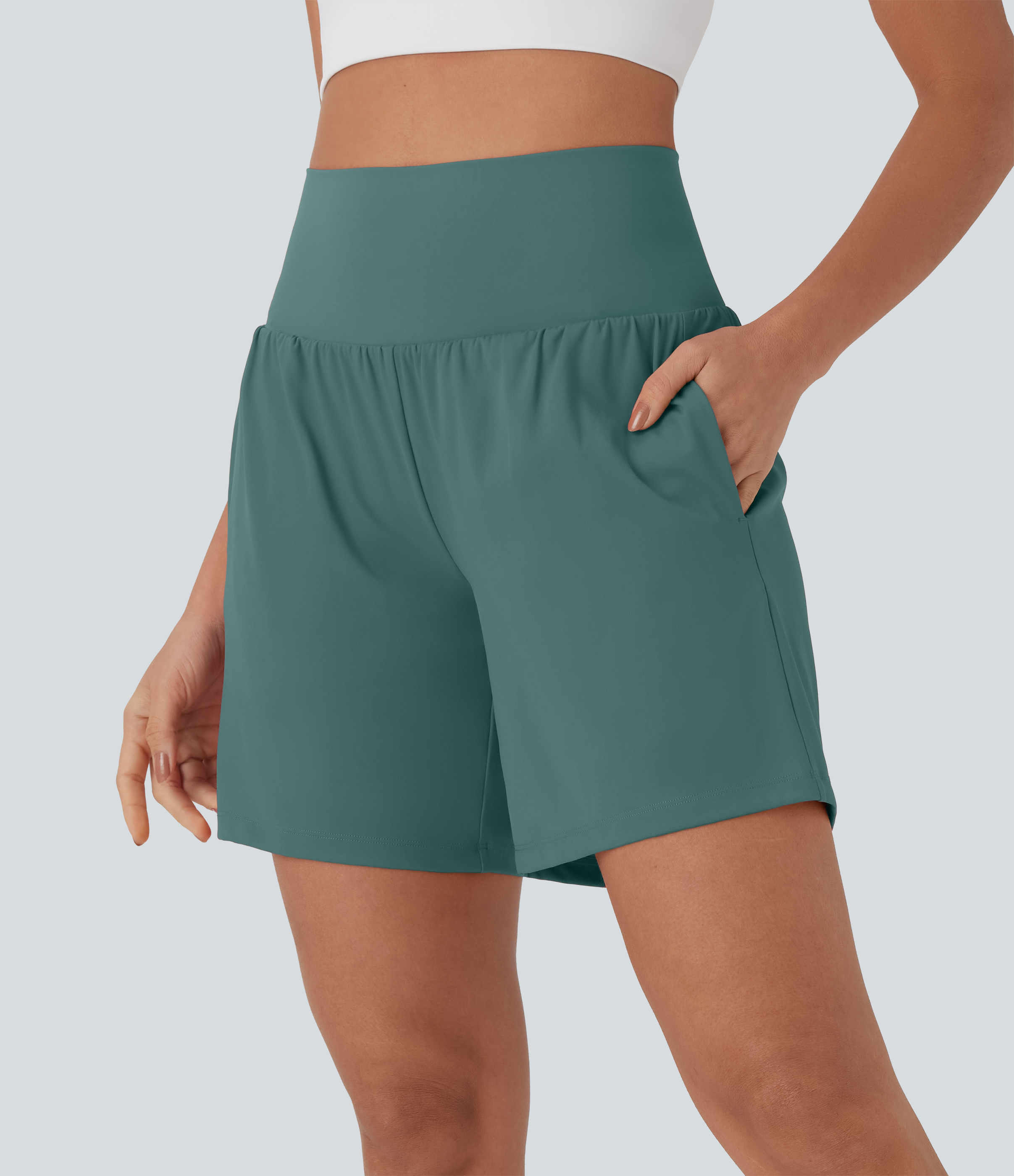 "SoftlyZero™ Airy Super High Waisted 2-in-1 Cool Touch Yoga Shorts 7"" with Pockets Gym Short - Blue Spruce