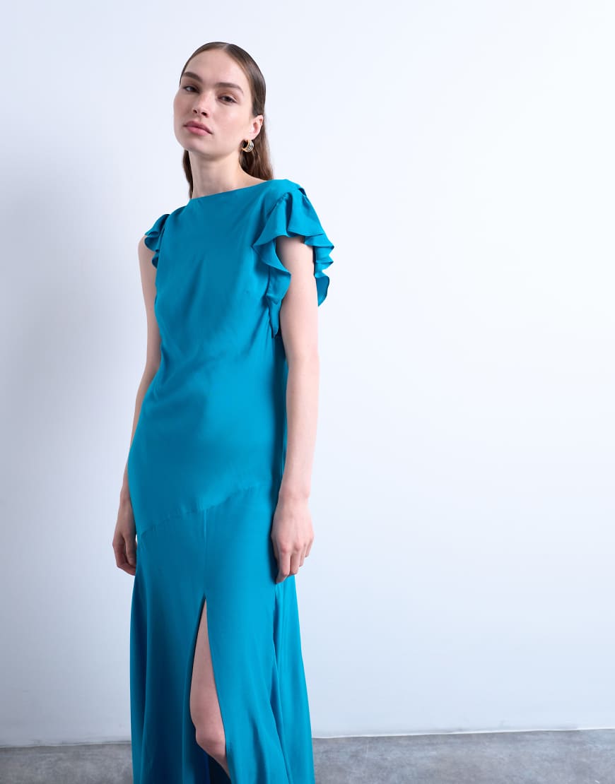 Cowl back flutter sleeve maxi dress in airforce blue