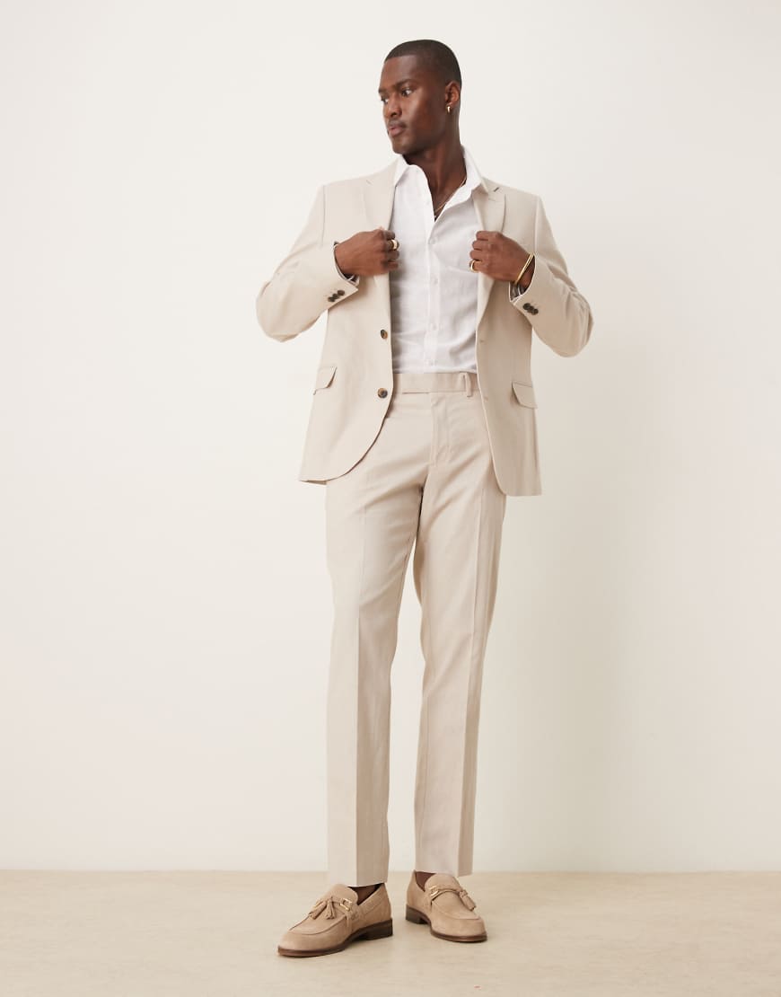 Slim linen suit trousers in stone-Neutral