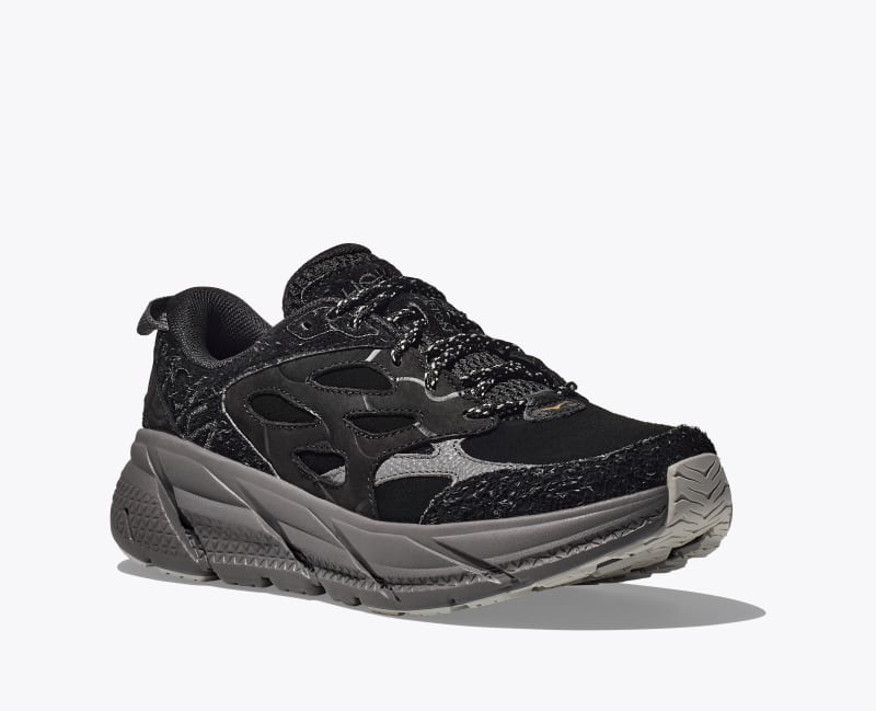 HOKA Elite Terrain System Clifton L Suede Shoes in Black/Satellite Grey