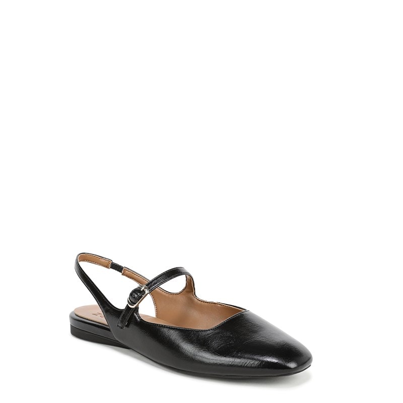Anikka Mary Jane Slingback Flat Shoes, Black Faux Leather