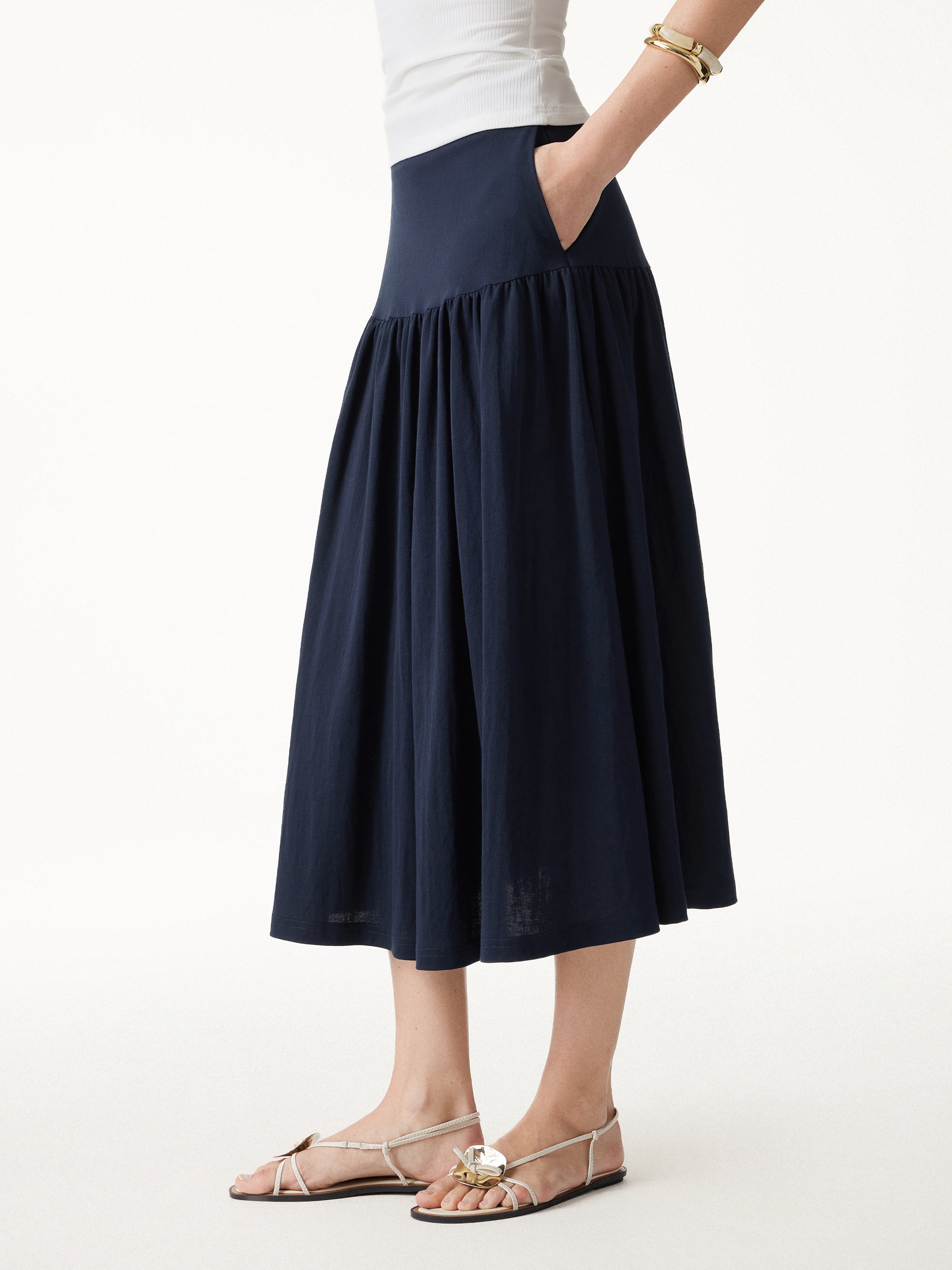 Cotton-Linen Gathered Midi Skirt with Pockets - Smoky Navy