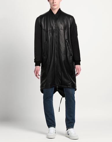 Man Coat Black Size 40 Leather, Nylon
