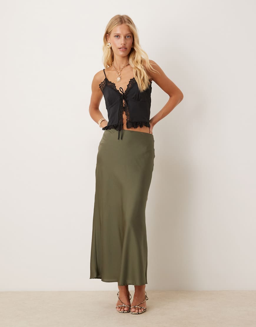 Satin maxi skirt in olive green