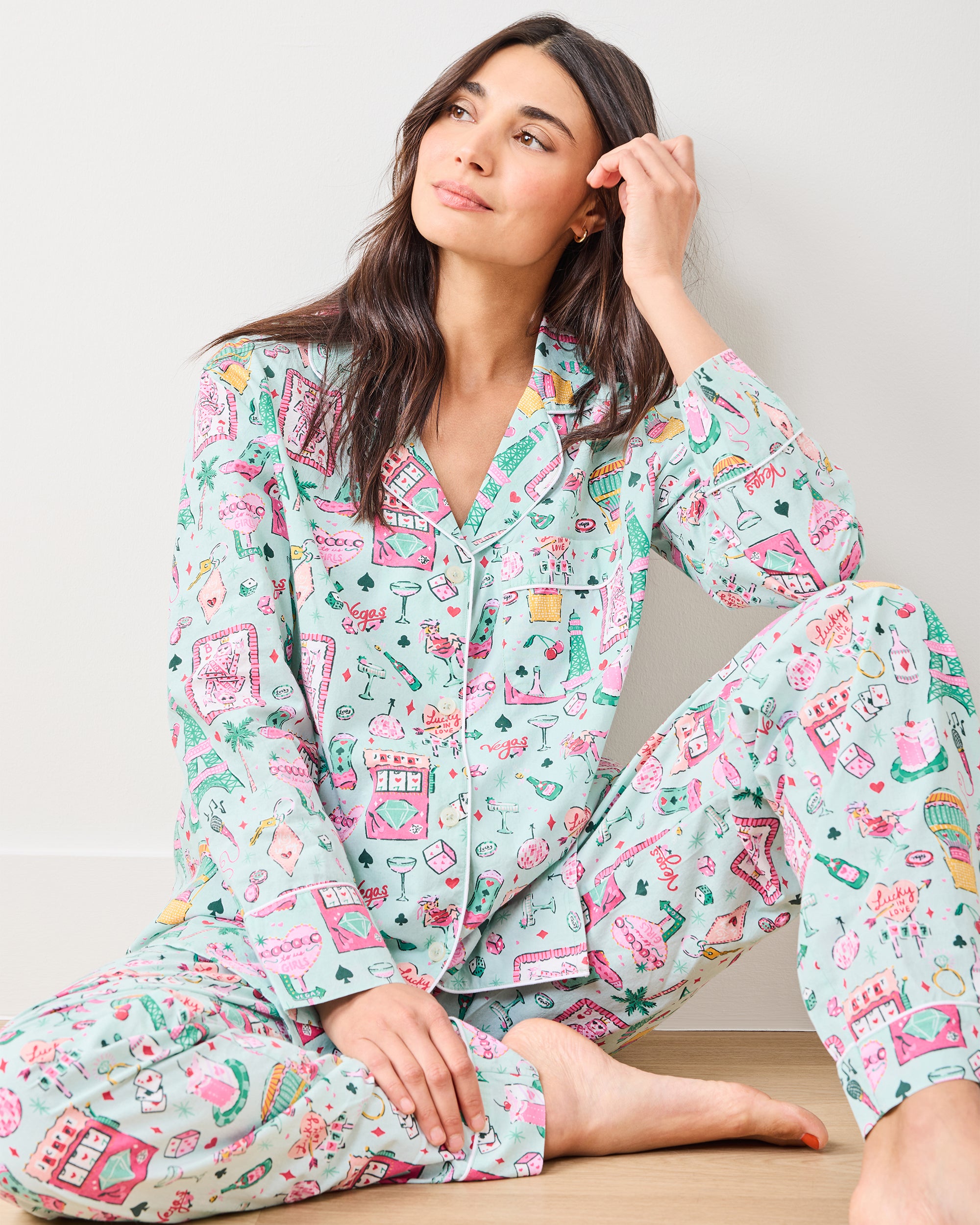 Organic Cotton Long Pajama Set in Viva Las Vegas | Women's Tall XS/T | Green | Sleepwear