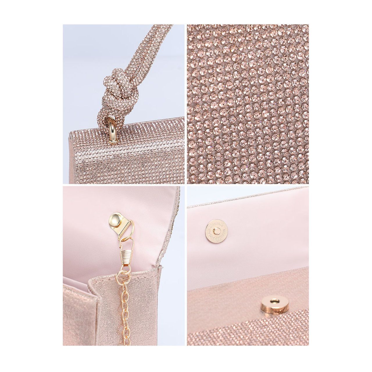 JFY Women's Flap Rhinestone Embedded Knots Top Handle Diamante Clutch Bag in Metallic Gold