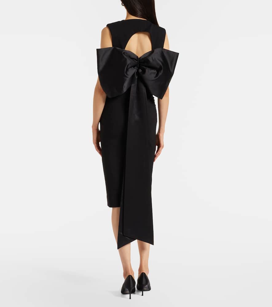 Bow-detail ruched satin-trimmed midi dress
