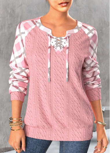 Modlily Light Pink Lace Up Plaid Long Sleeve Sweatshirt