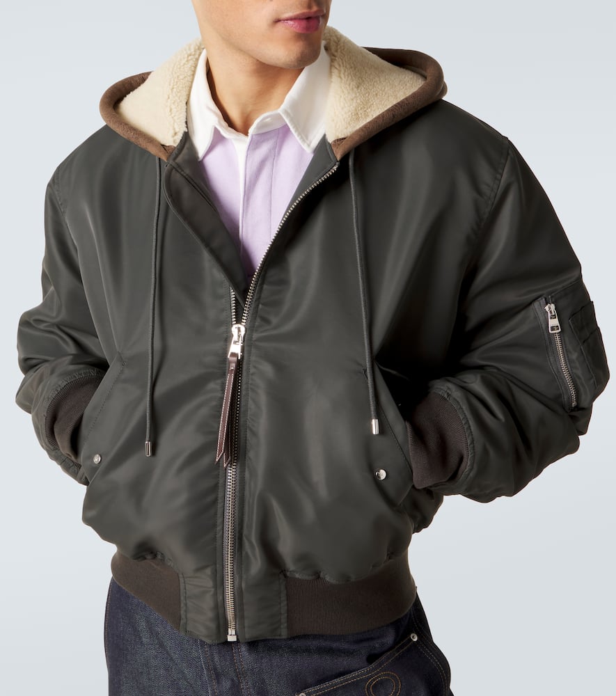 Hooded shearling-trimmed bomber jacket