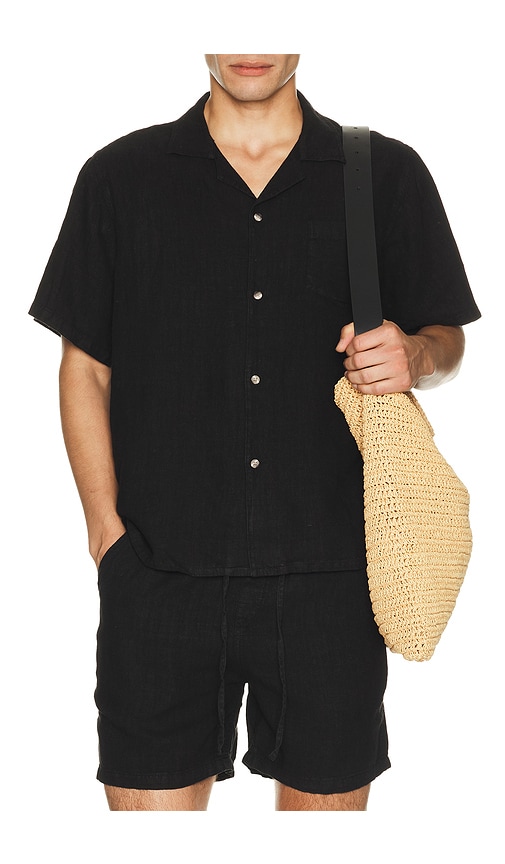 Bather Linen Camp Shirt in Black. S. Also in M, L, XL/1X