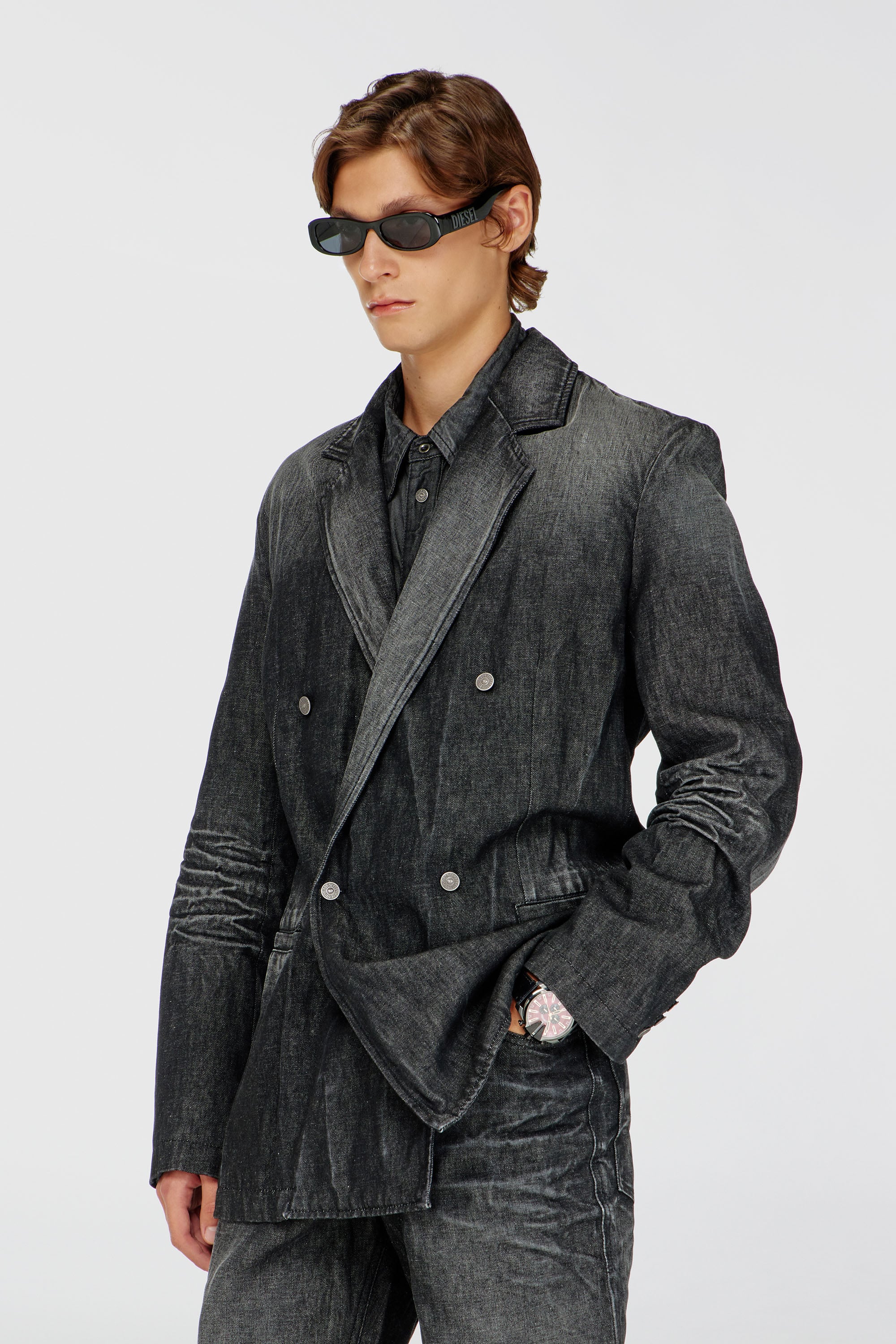 Double-breasted blazer in creased denim - Denim Jackets - Man - Black