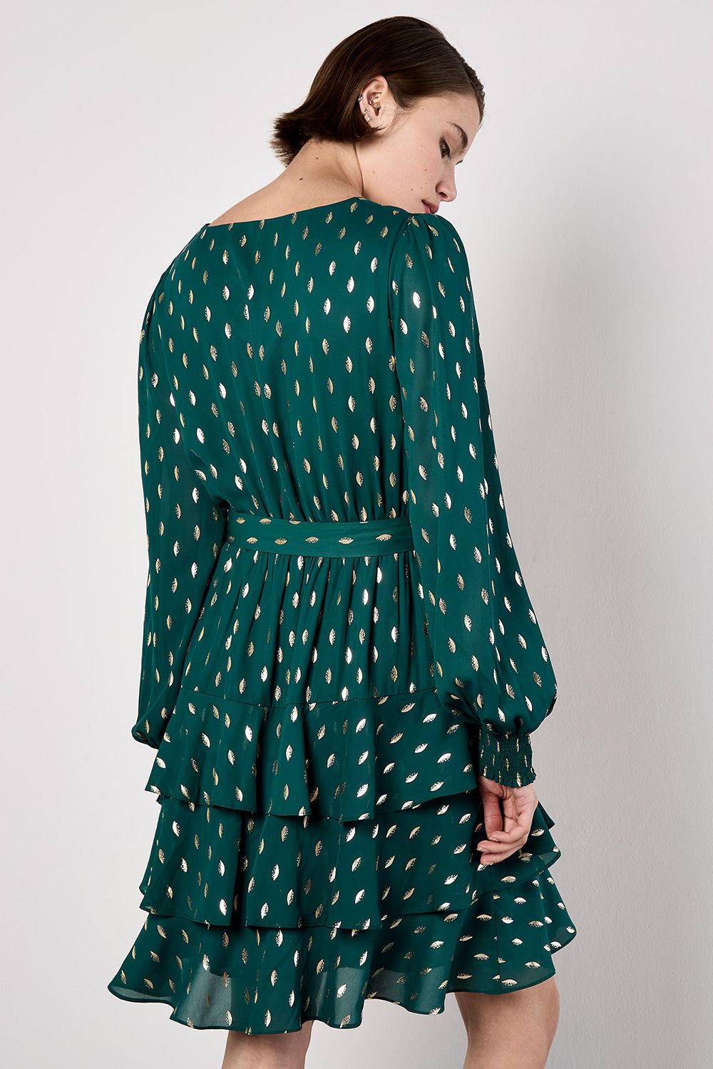 Apricot Women's Gold Foil Spot Tiered Mini Dress in Green