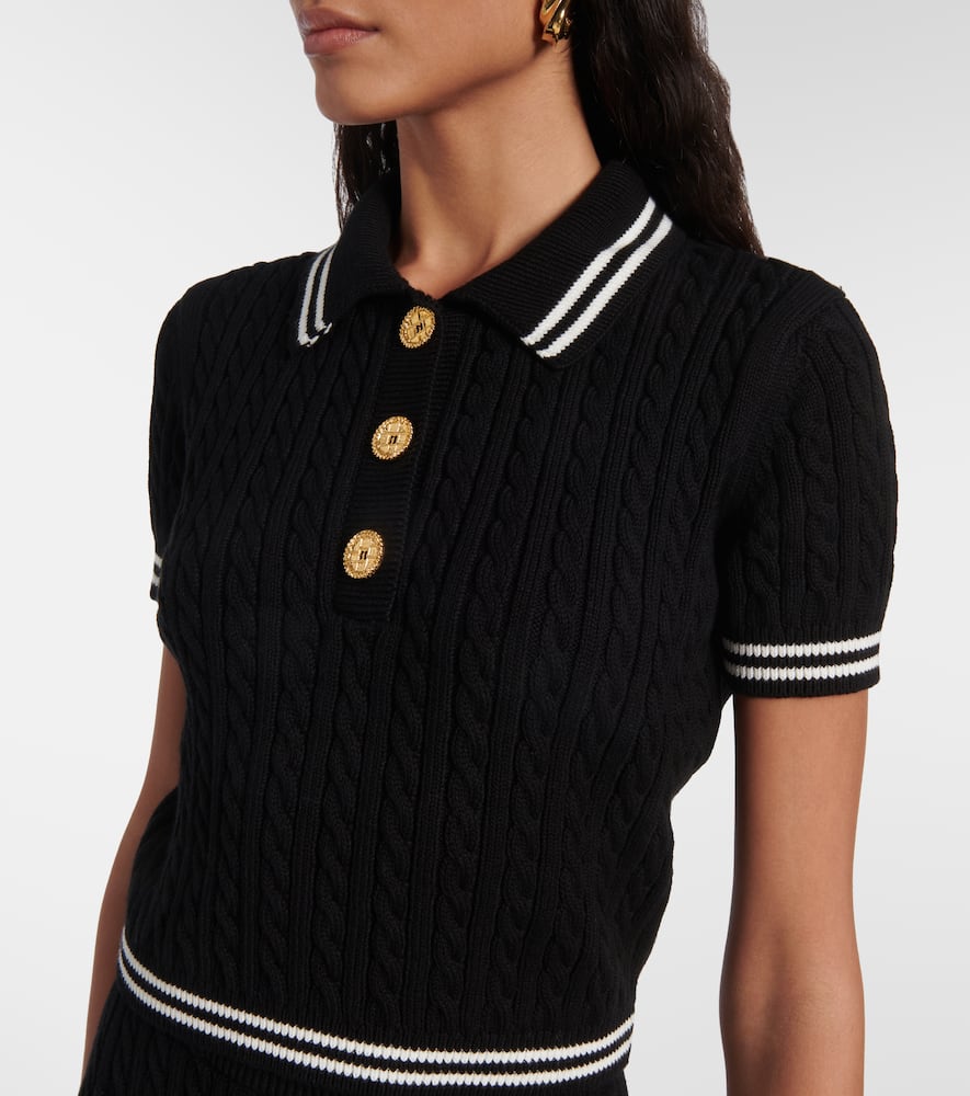 Cable-knit cropped cotton polo shirt