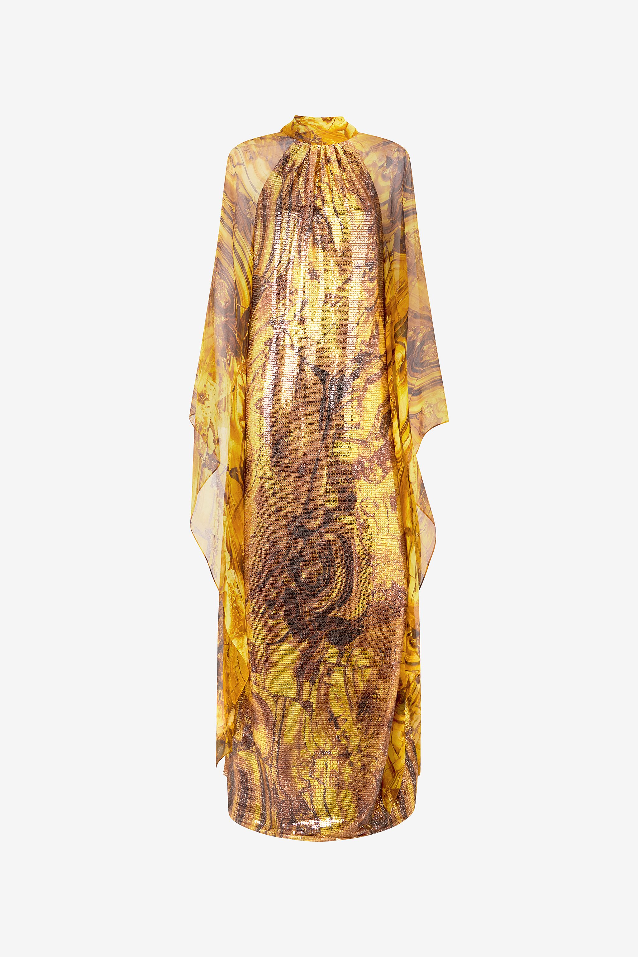 Silk Caftan Dress With Amber Print Sequins