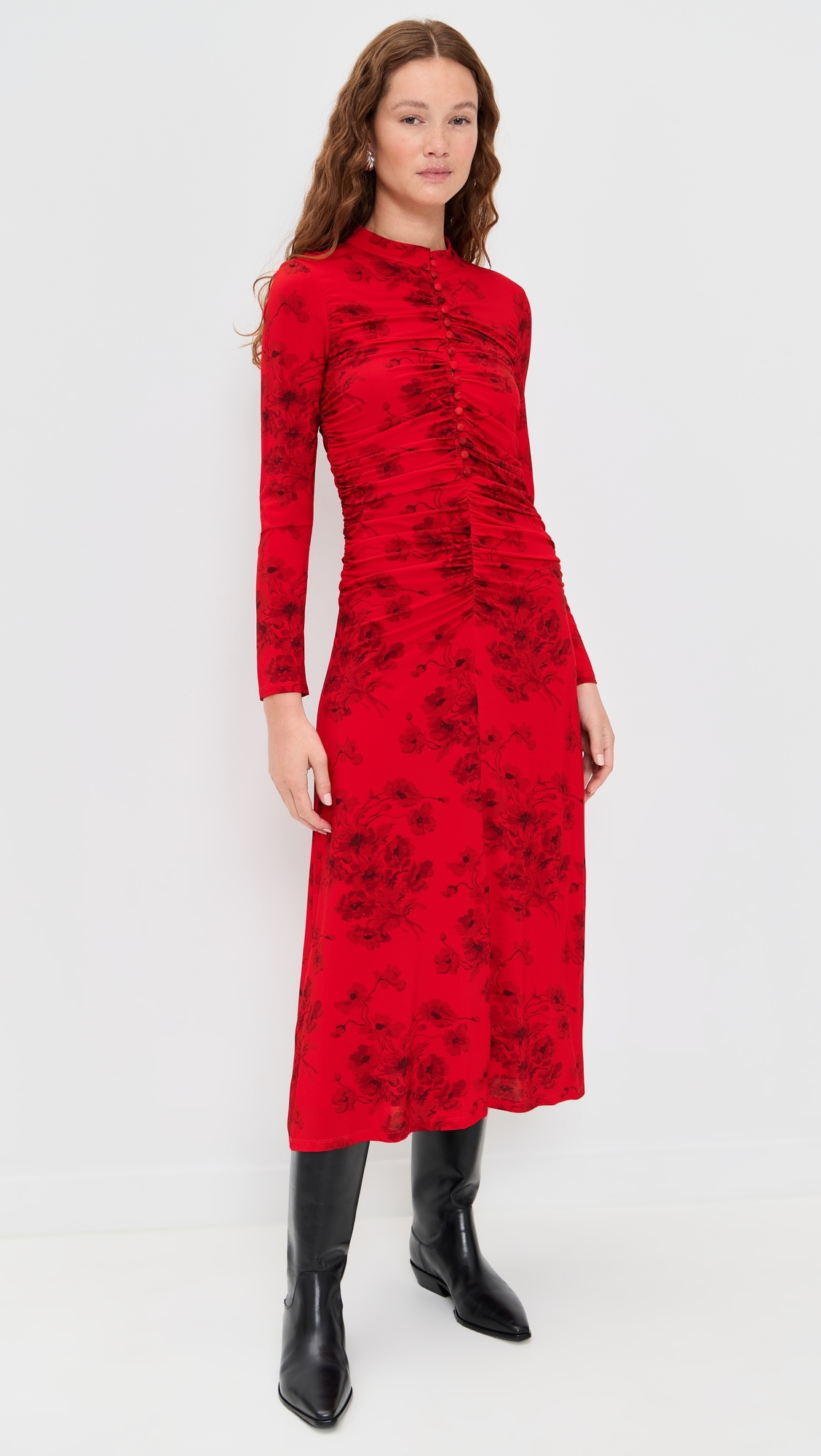 Cornelia Print Long Sleeve Midi Dress Red
