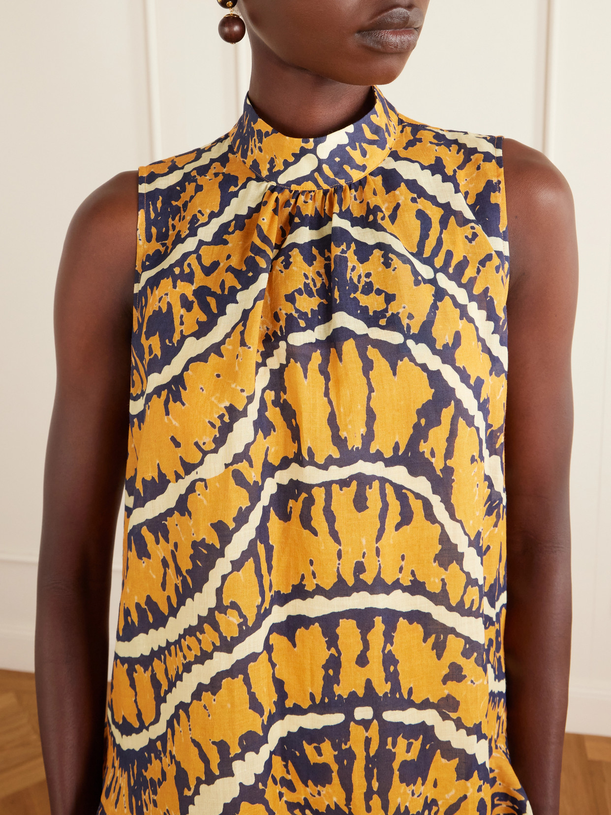 Ripple Tiered Printed Ramie Mini Dress - Yellow
