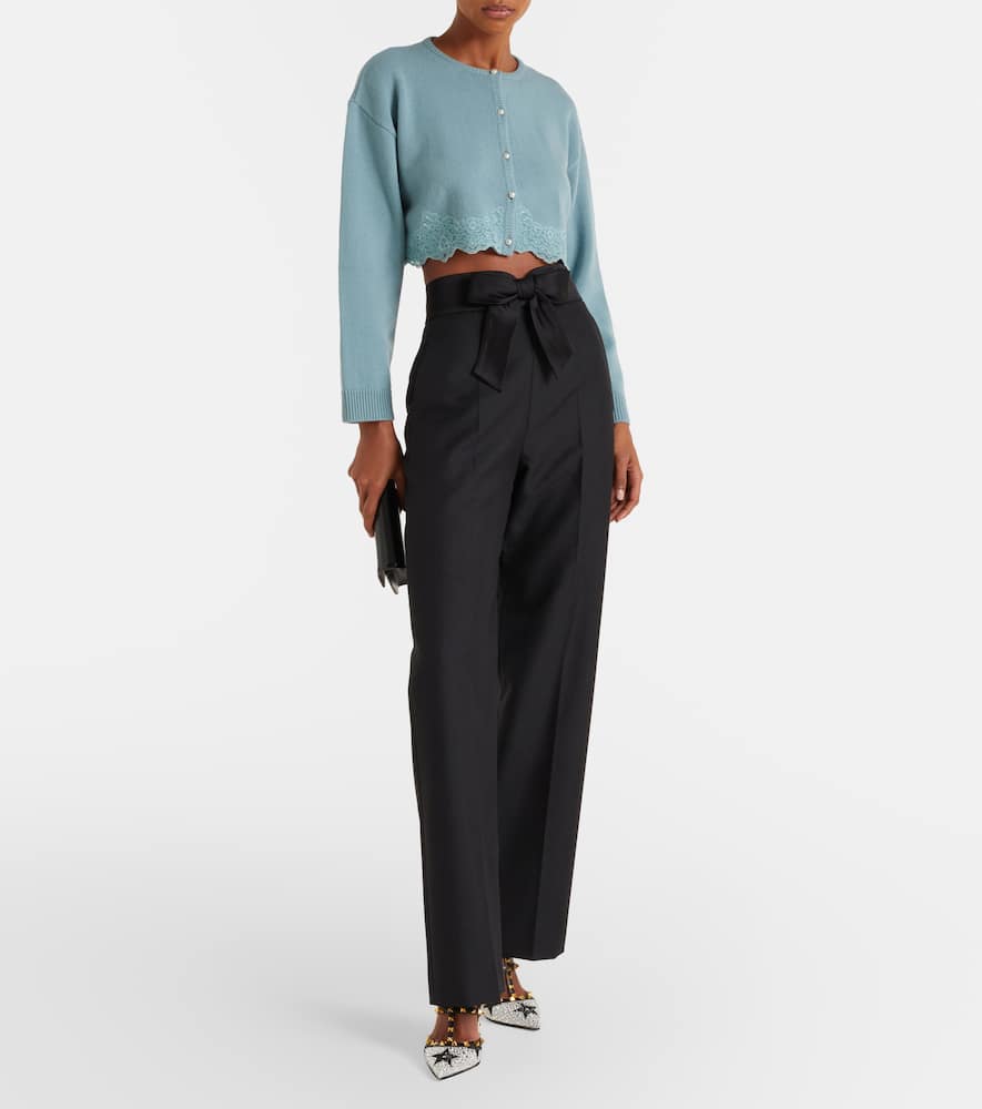Lace-trimmed cropped virgin wool cardigan