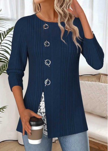 Modlily Navy Tummy Coverage Long Sleeve Round Neck Blouse