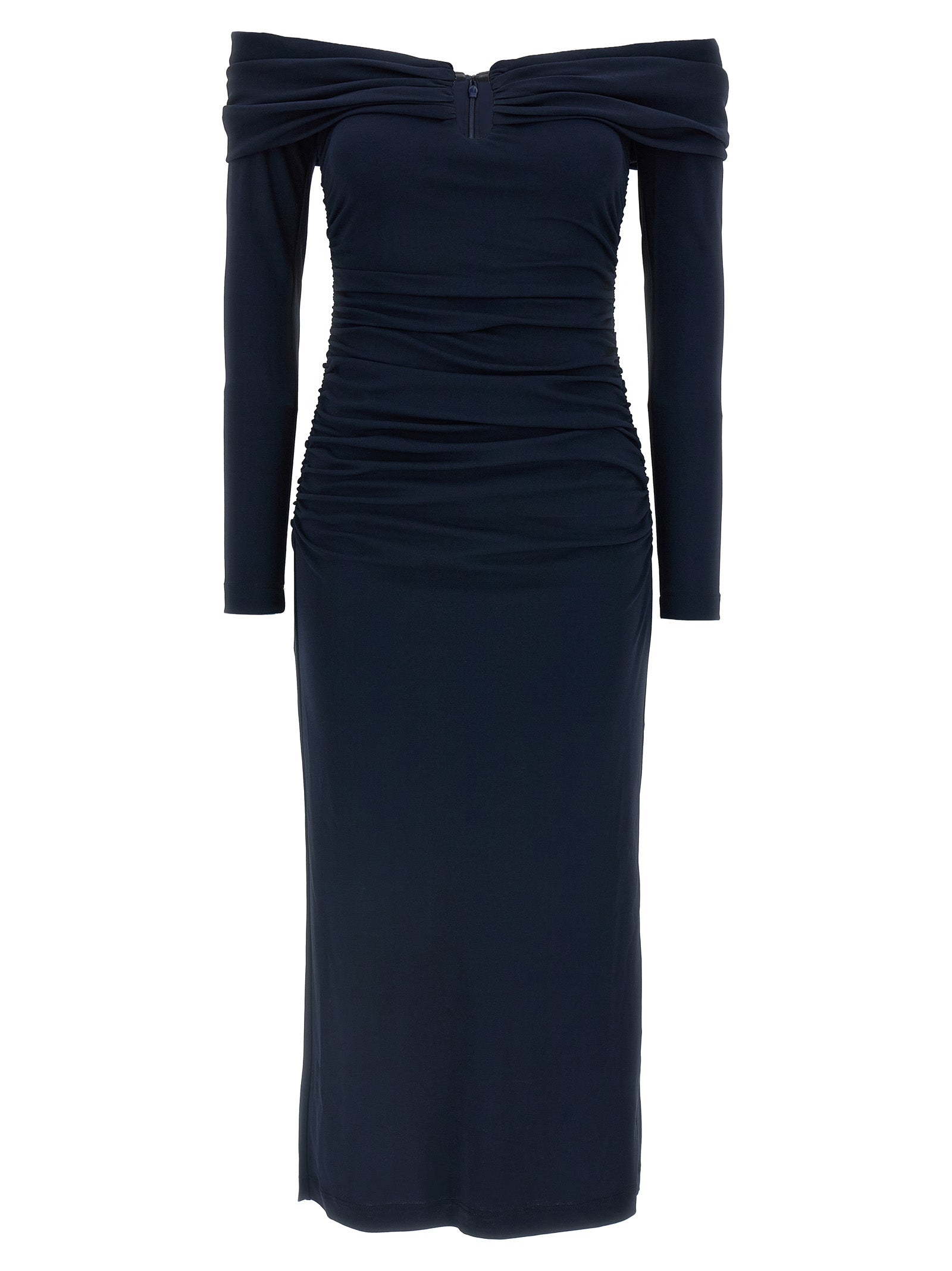 Off-Shoulder Ruched Midi Dress — Navy