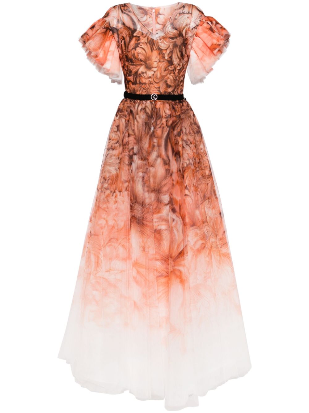 Abstract-print belted gown - Blue