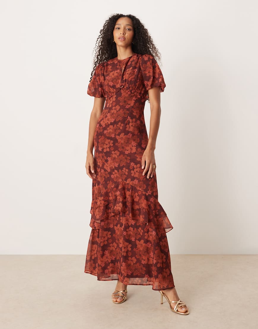 Floral short sleeve maxi dress in rust-Orange