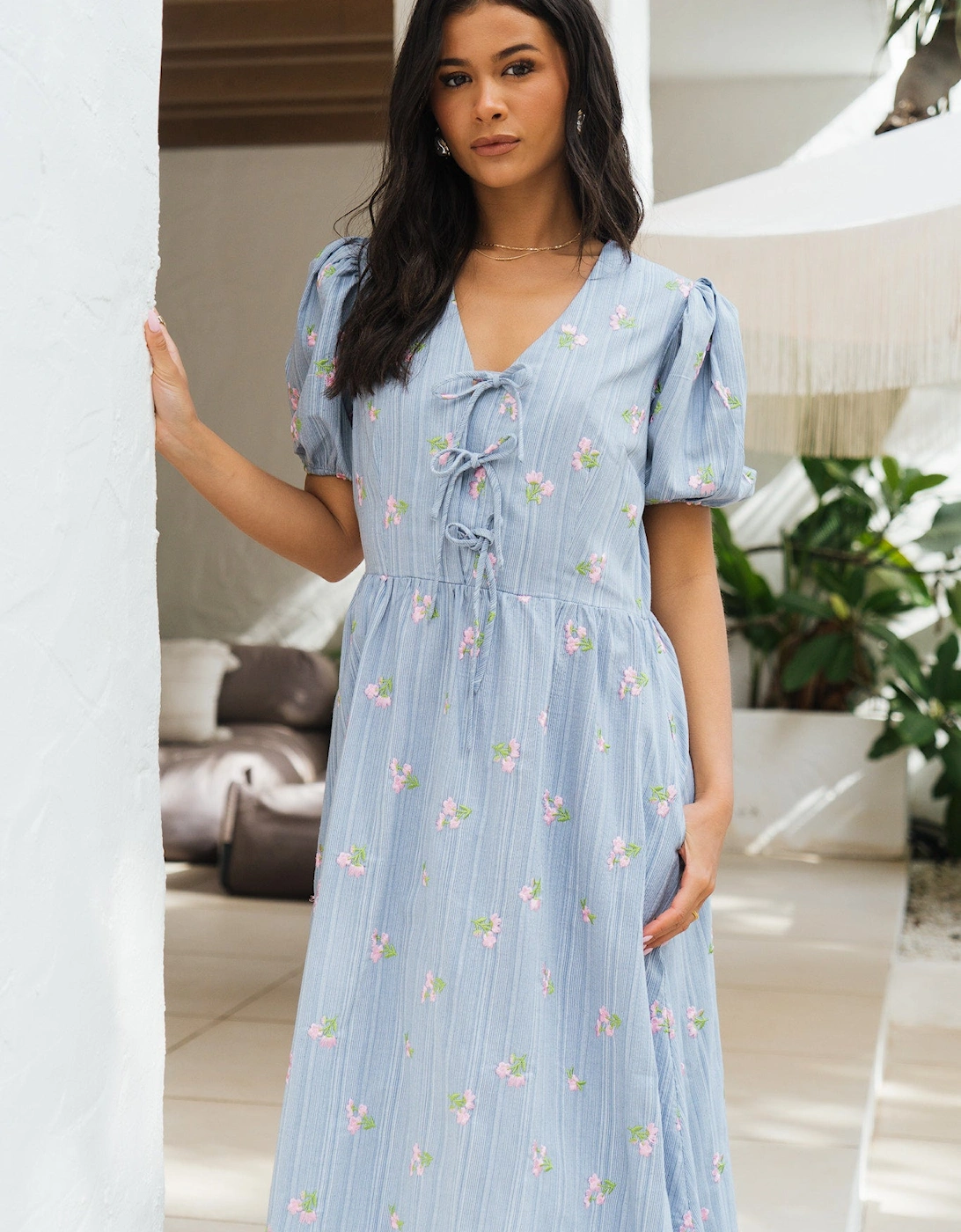 Gini London Women's Blue Cotton Mix Tie Detail Puff Sleeves Midi Dre