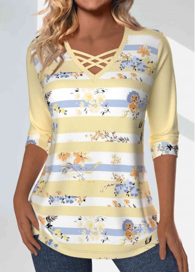 Modlily Light Yellow Patchwork Striped 3/4 Sleeve T Shirt