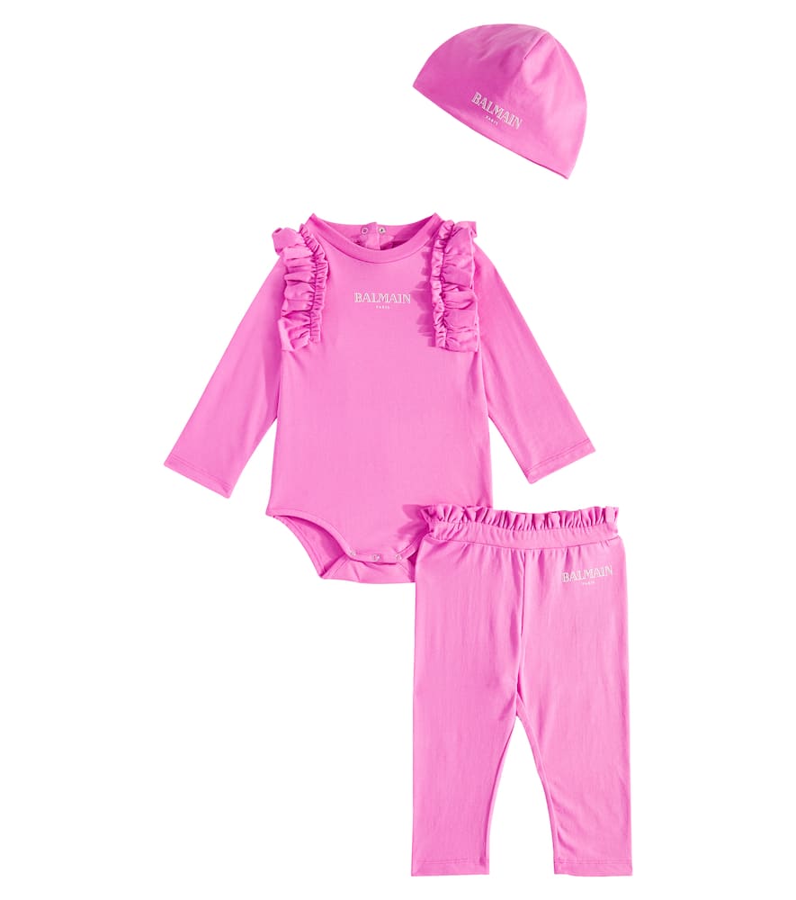 Balmain Kids Baby cotton bodysuit, pants and hat set
