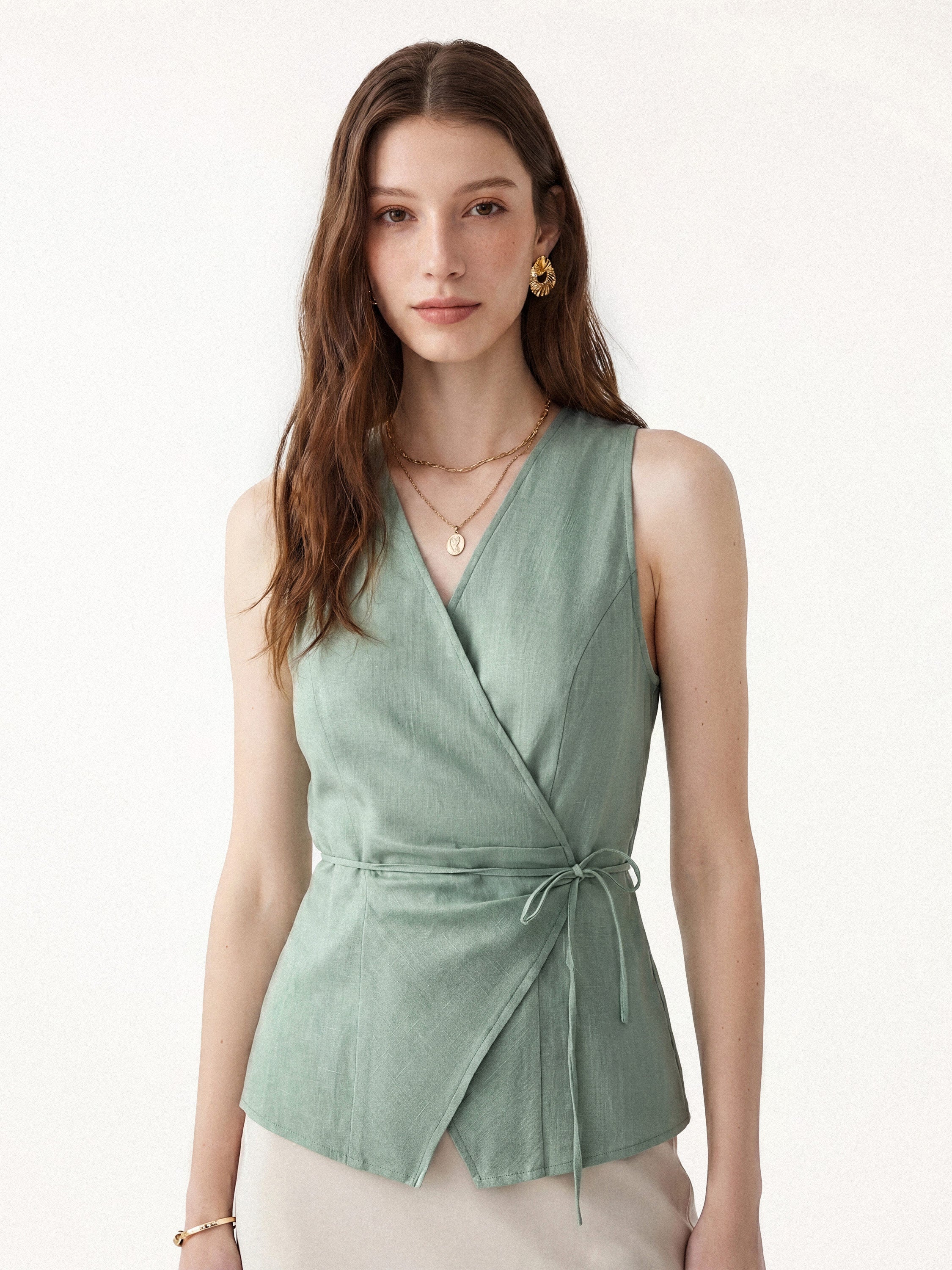 Wrap Top with Self-Tie - Dusky Mint Green