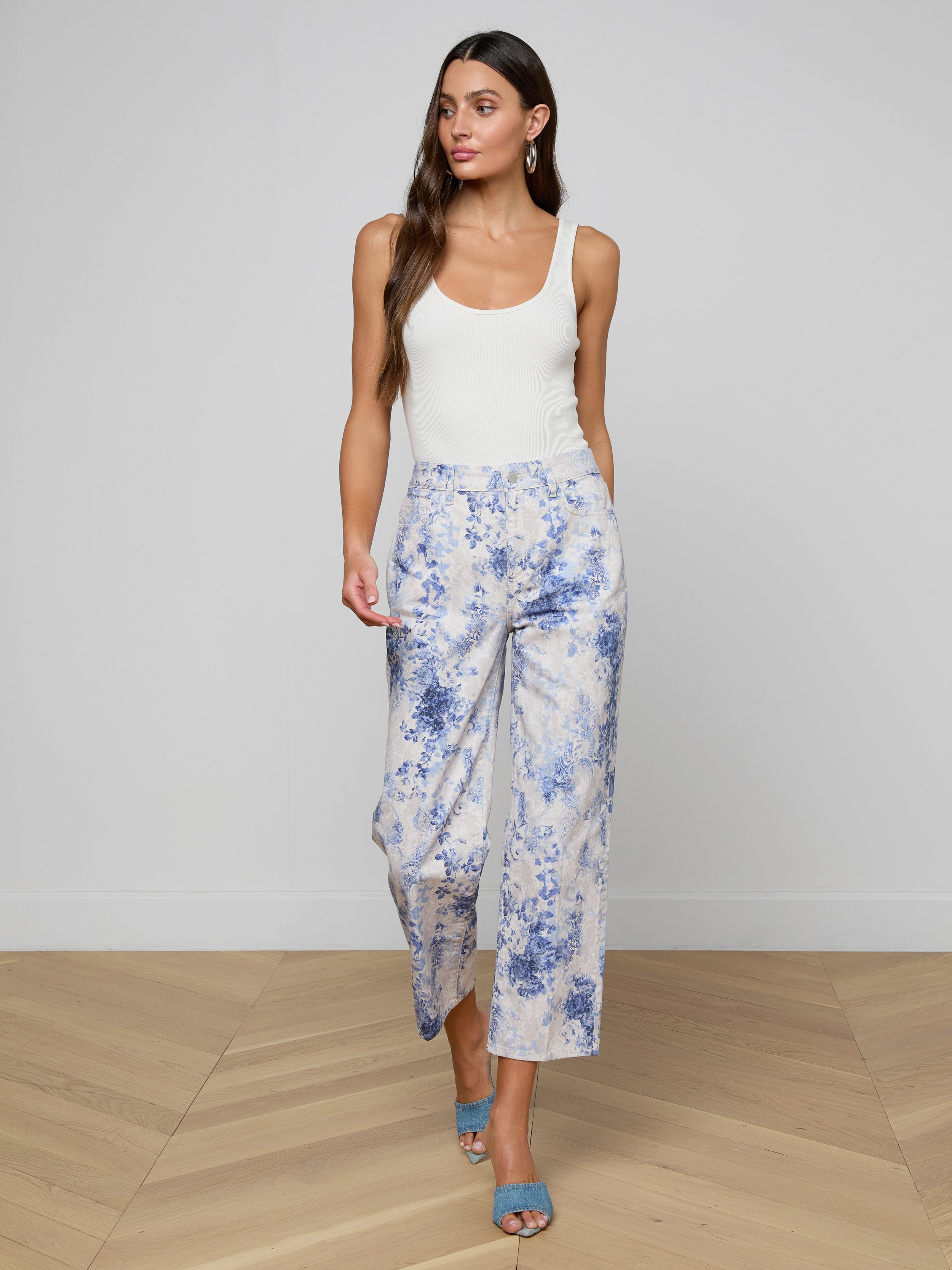 June Cropped Stovepipe Jean In Ivory/blue Watercolor Lace Paisley