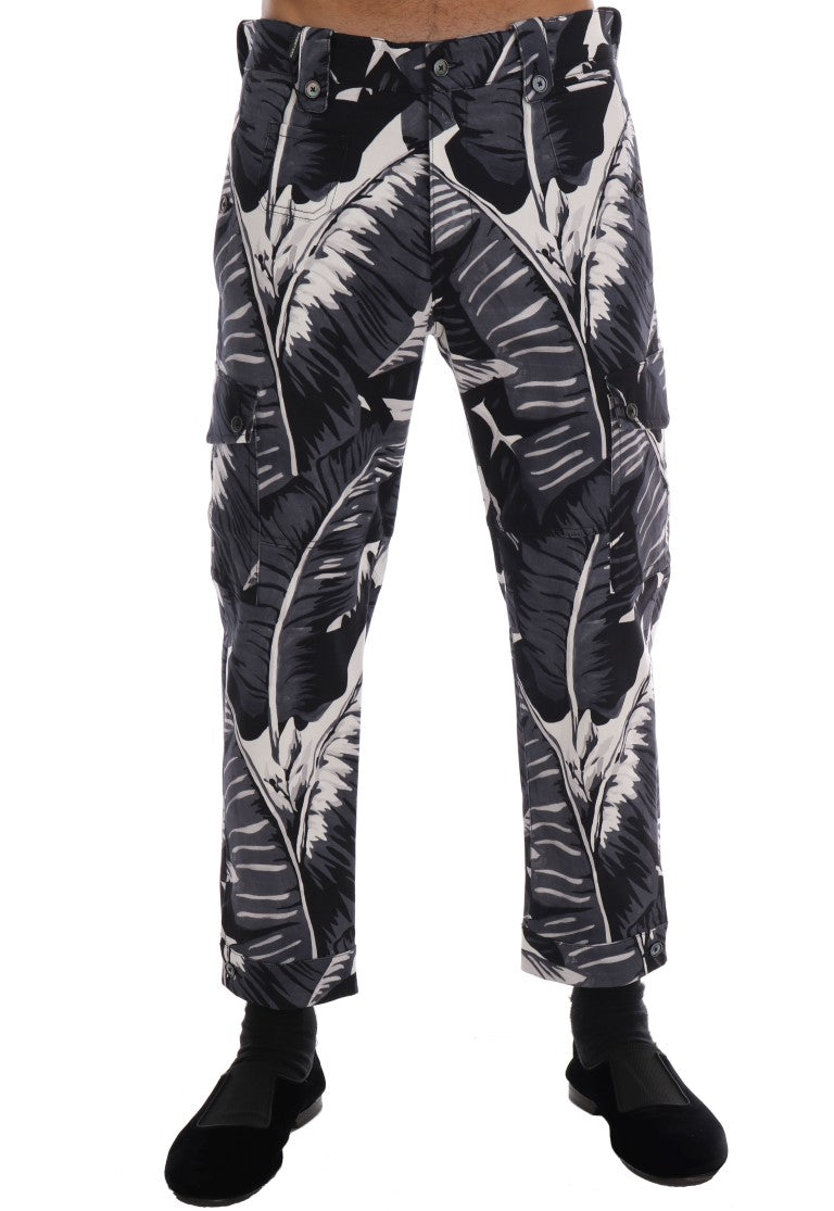Banana Leaf Print Cotton Trousers — Black