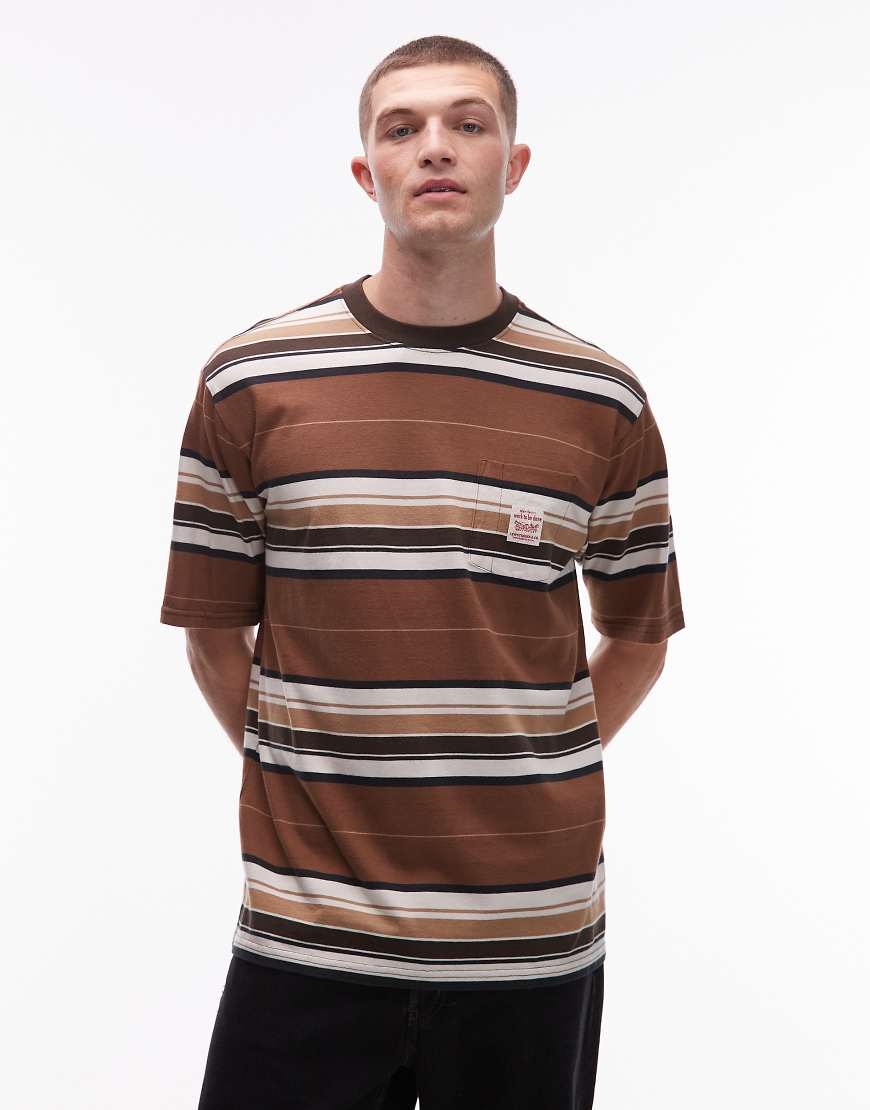 Workwear Capsule label logo pocket loose fit stripe t-shirt in brown