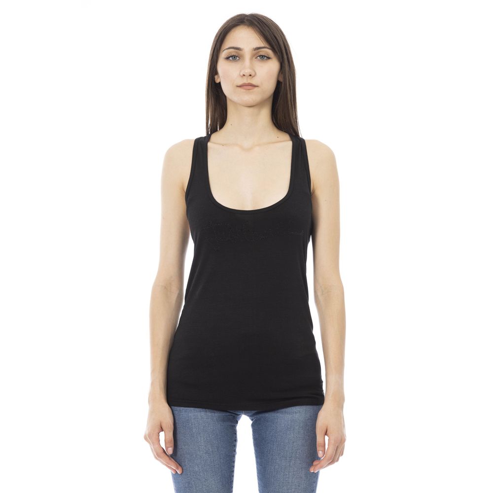 Rhinestone-Logo Viscose Tank Top — Black