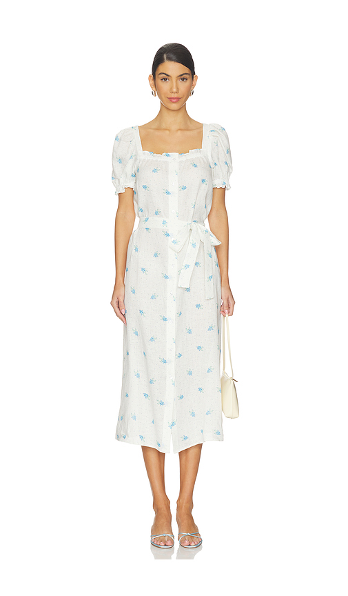 Sleeper Brigitte Linen Midi Dress in White,Blue. L. Also in XS