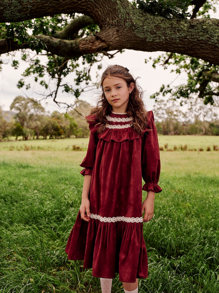 Lace-trimmed ruffled velvet dress