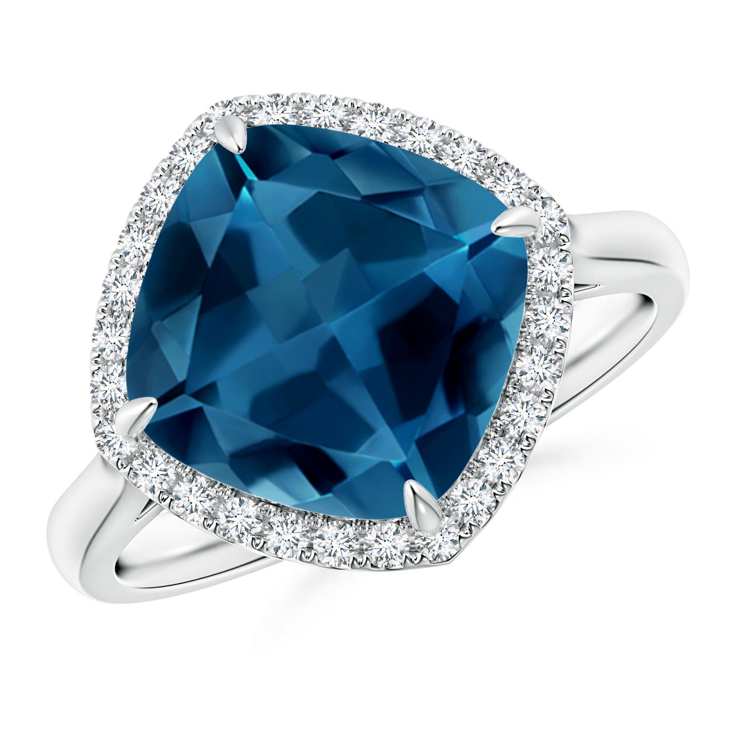 Angara 5.15 Carats Claw-Set Cushion London Blue Topaz Cocktail Halo Ring in Platinum