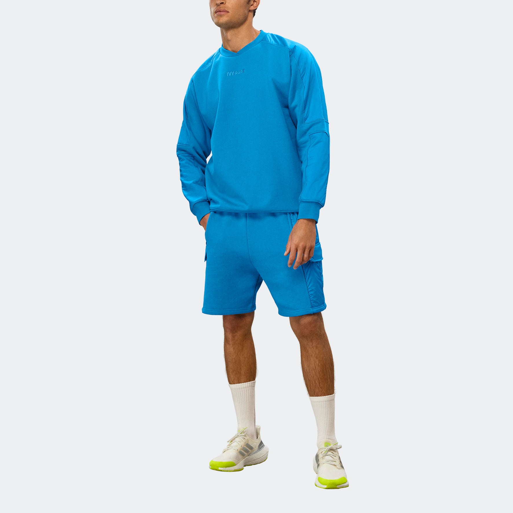 X Ivy Park Crossover Solid Color Chest Logo Embroidered Pullover Round Neck Long Sleeves Blue