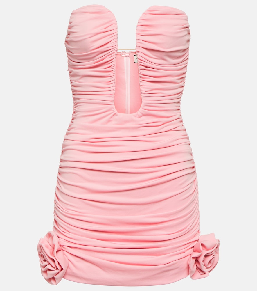 Floral-appliqué ruched minidress