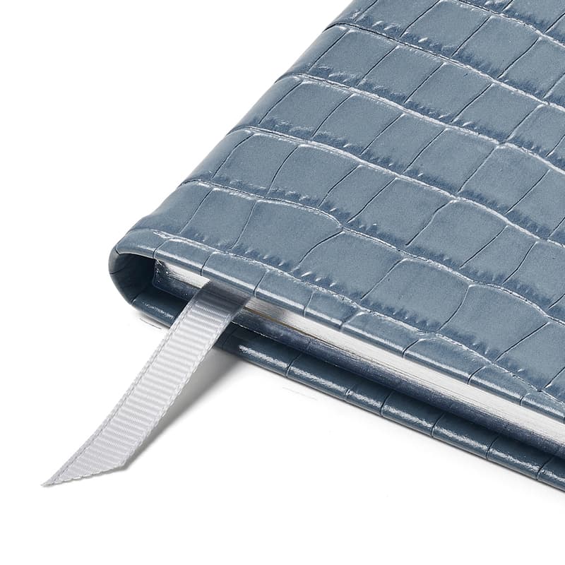 2025 Slim Pocket Leather Diary with Pen in Deep Shine Heritage Blue Small Croc