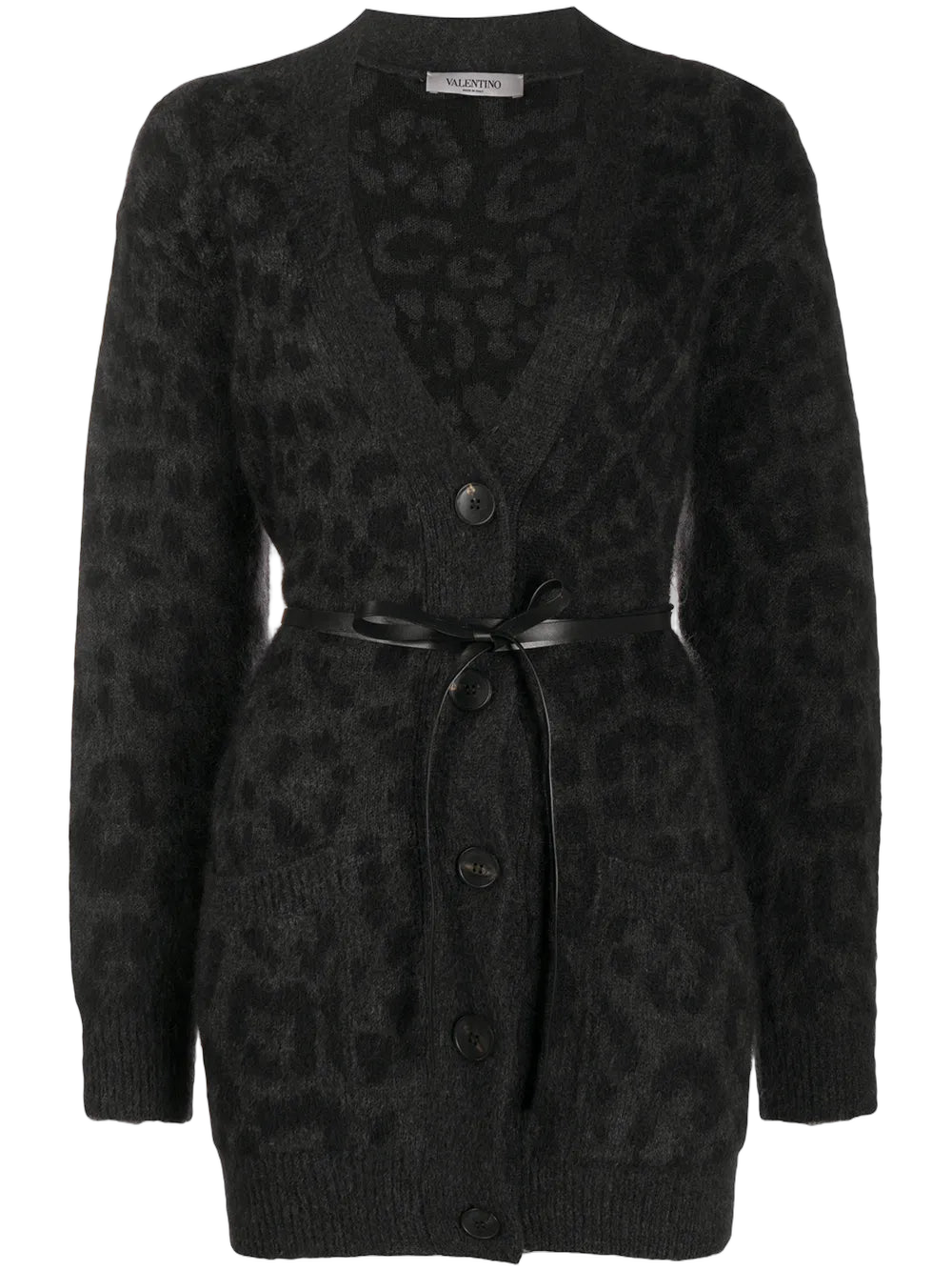 Leopard Pattern Belted Cardigan — Gray