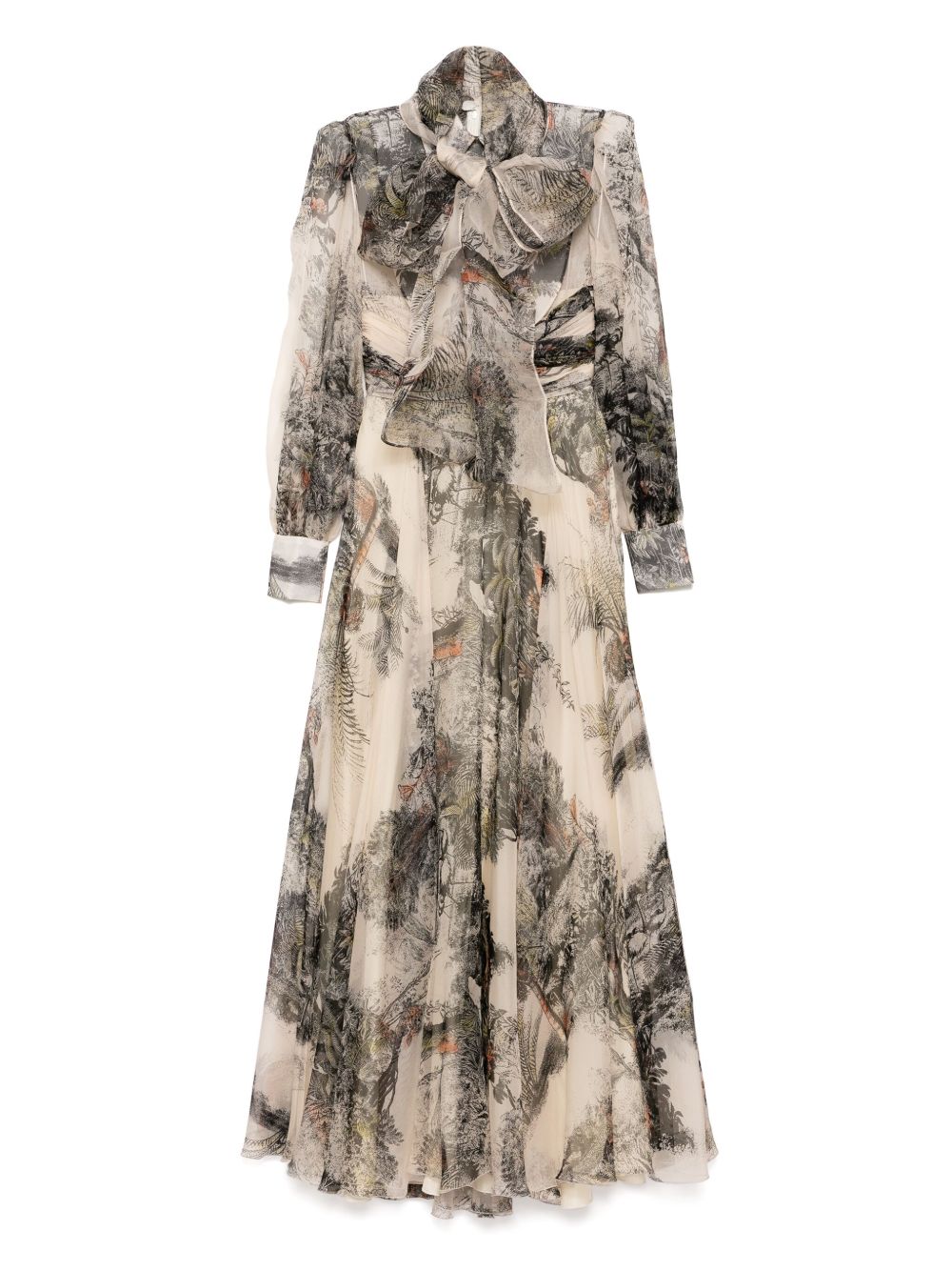 Landscape print organza long sleeves gown - Neutrals